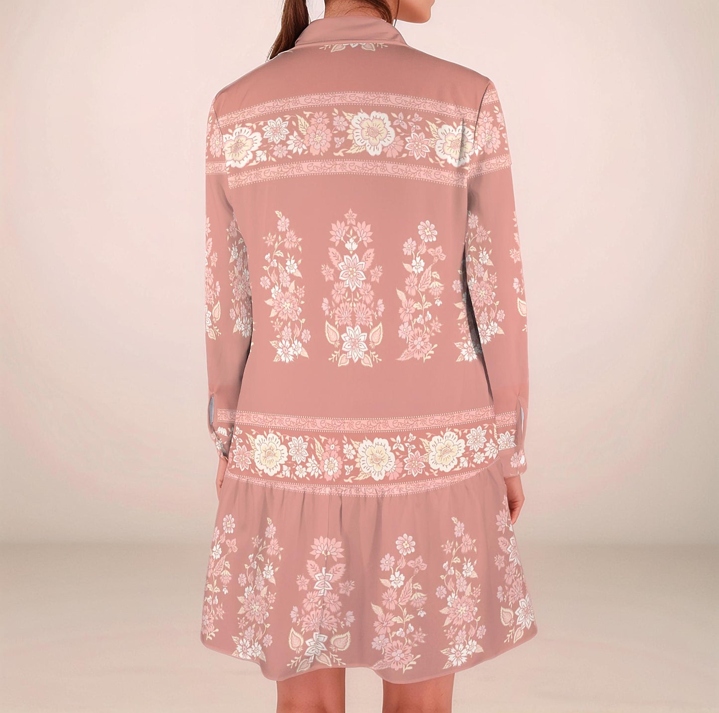 Women's Floral Button Down Long Sleeve Pleated Shirt Dress