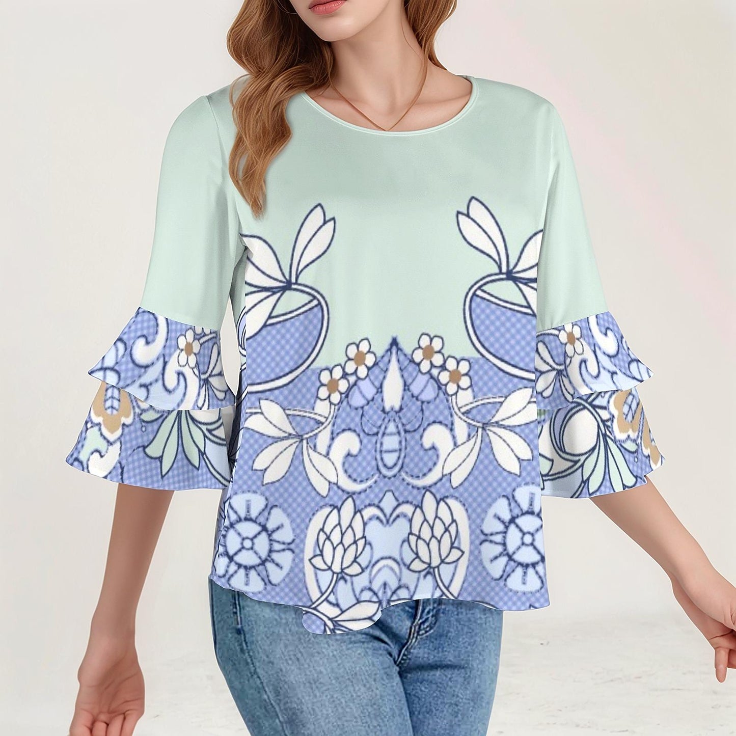 Women's Floral Layered Flare Sleeve Top