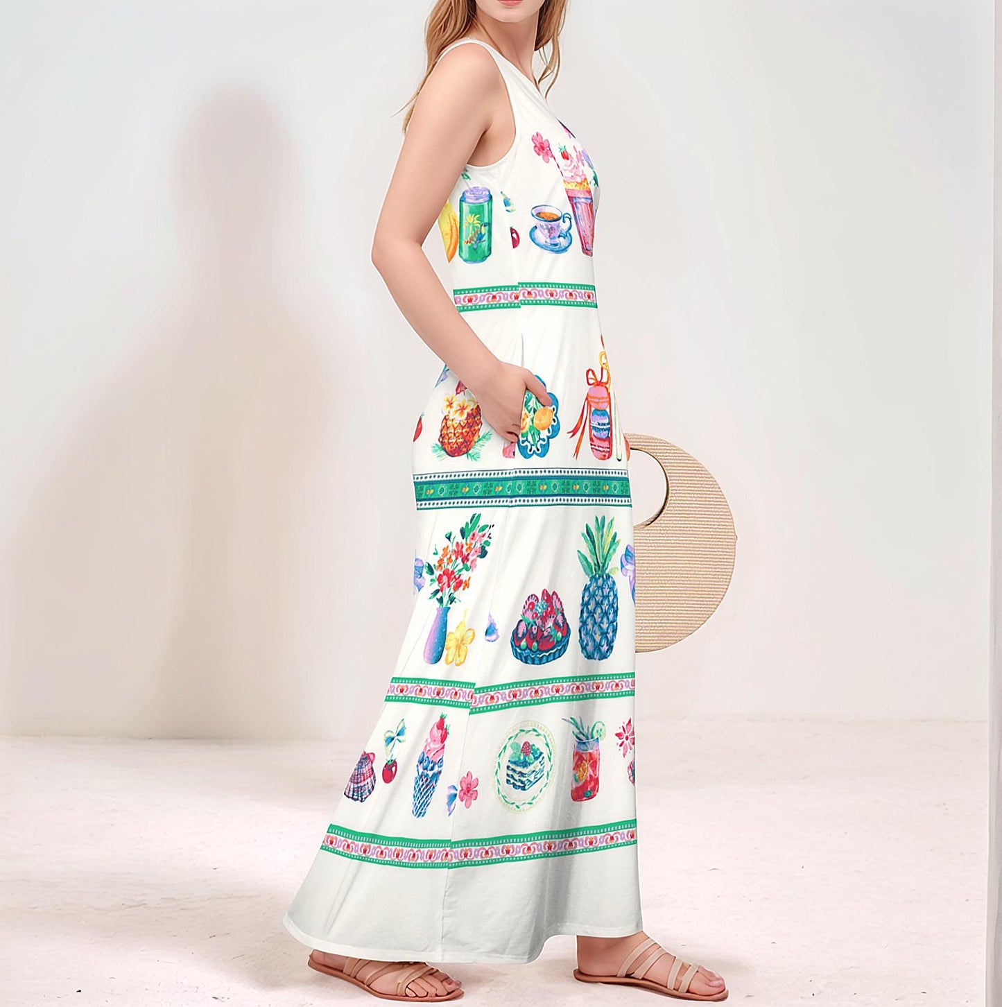 Women's Fruit Print Sleeveless Maxi Dress