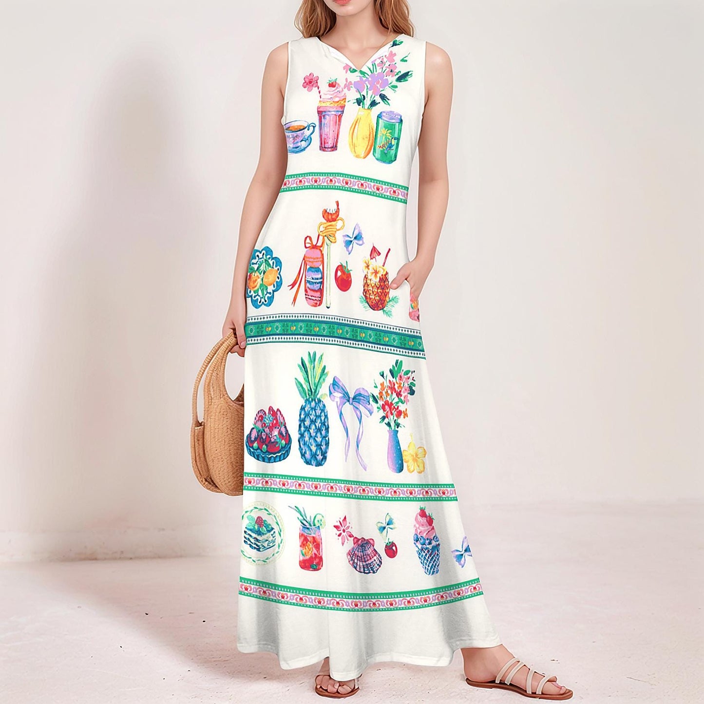 Women's Fruit Print Sleeveless Maxi Dress