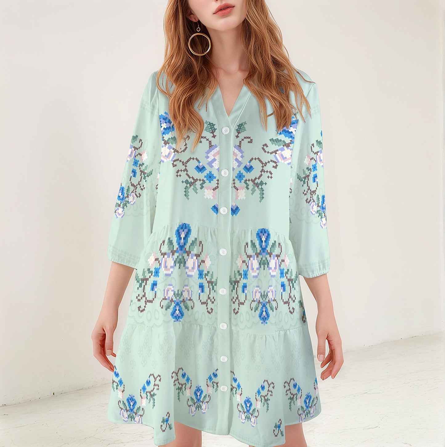 Women's Floral V-Neck Button Down Half Sleeve Shirt Dress