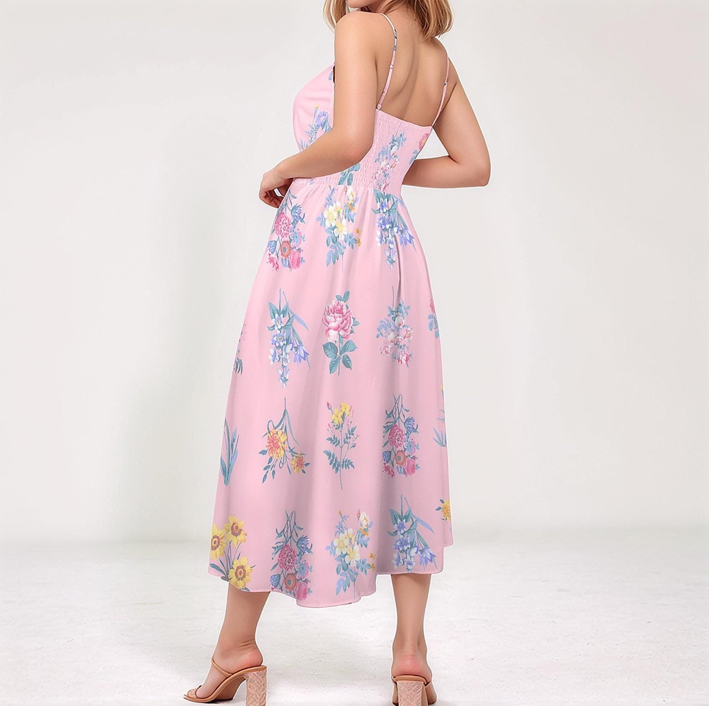 Women's Floral Spaghetti Strap Tie Front Backless Split Dress
