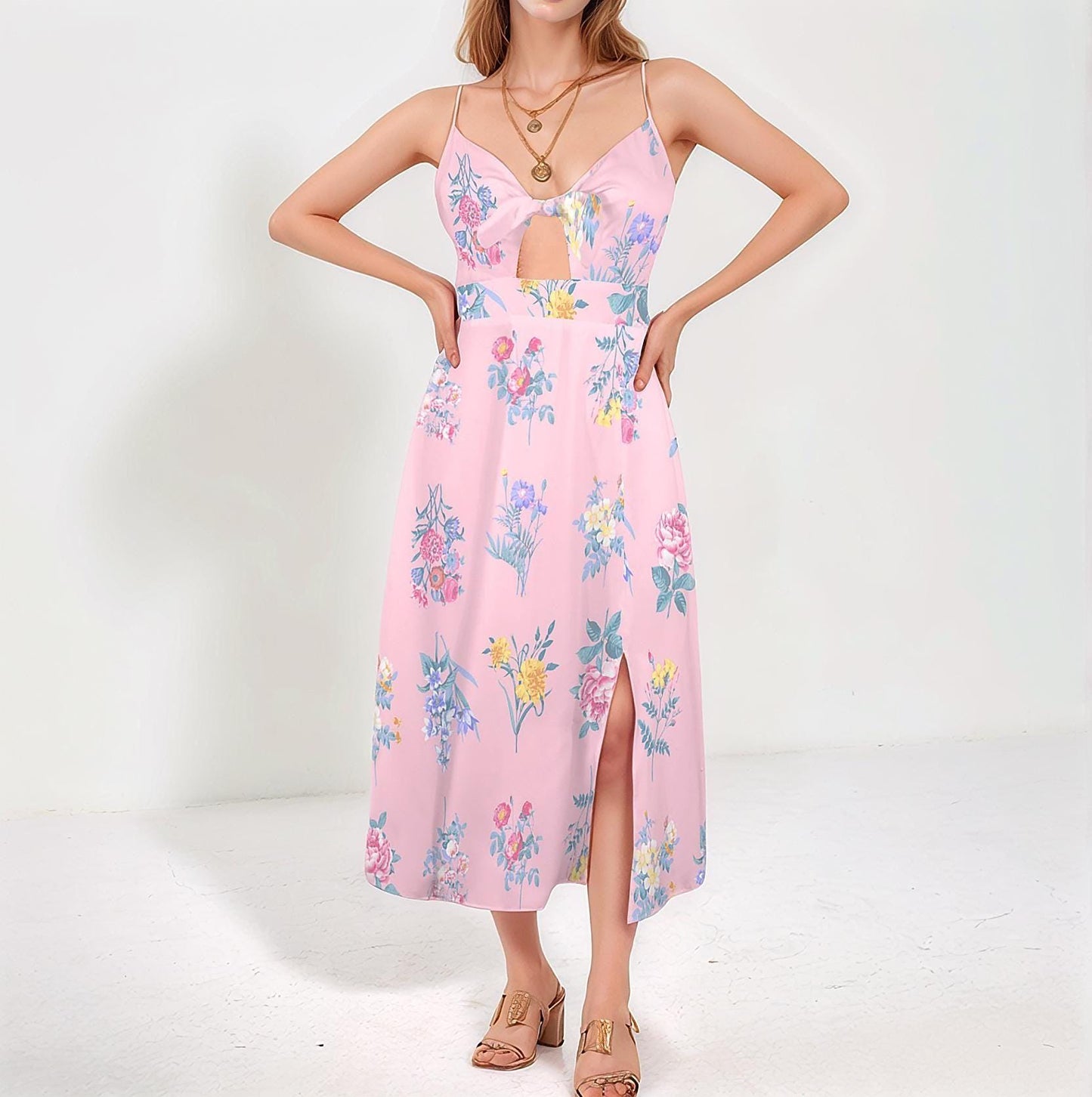 Women's Floral Spaghetti Strap Tie Front Backless Split Dress