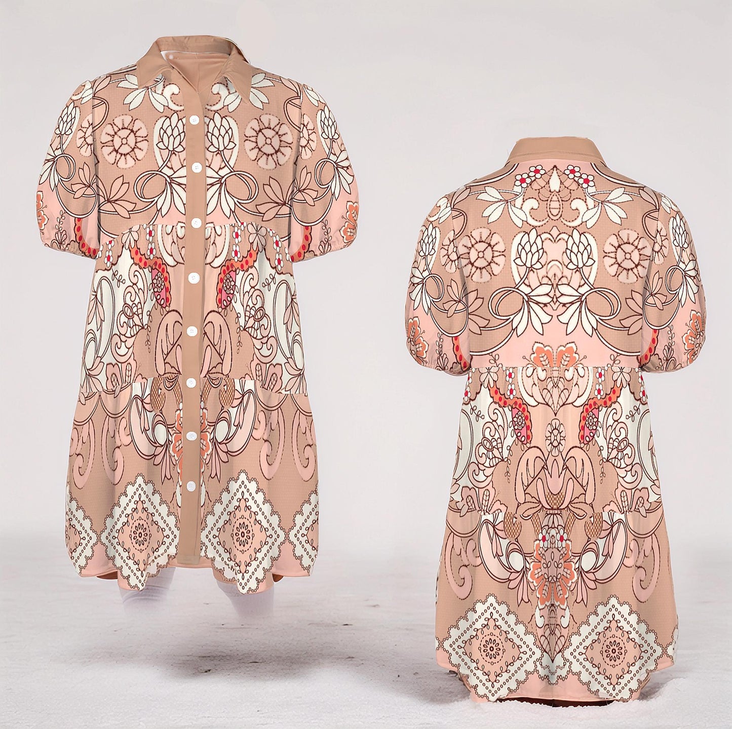 Women's Floral Short Sleeve Tiered Button Down Casual Shirt Dress