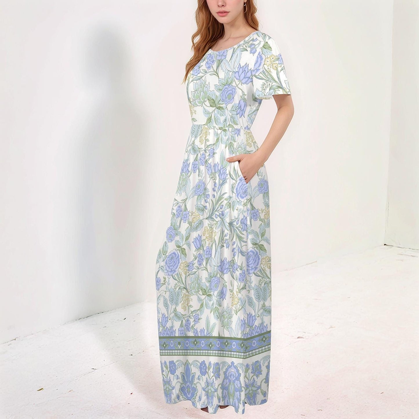 Womens Floral Round Neck Short Sleeve Maxi Dress with Pleated Waist Pockets