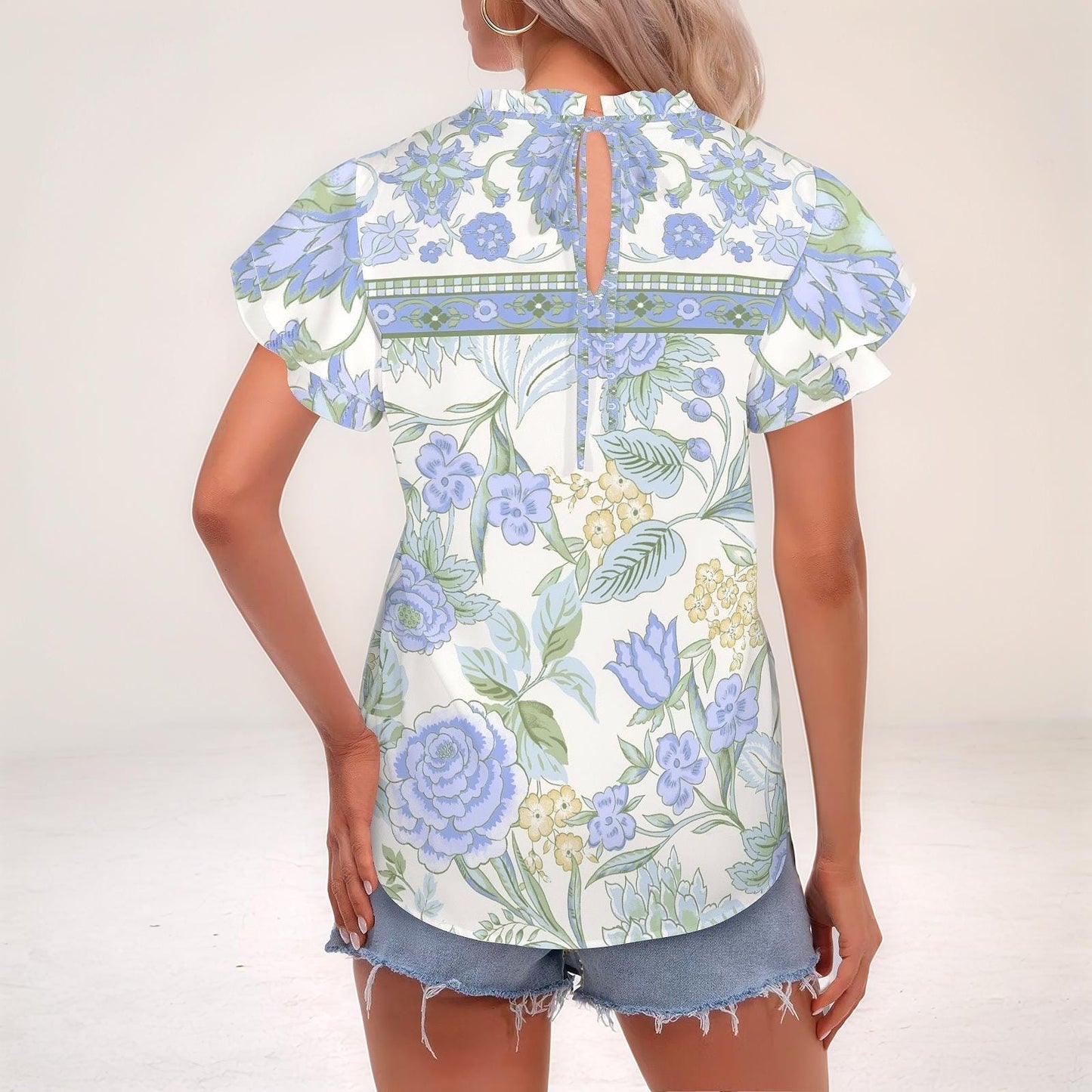 Womens Floral Round Neck Ruffle Sleeve Blouse