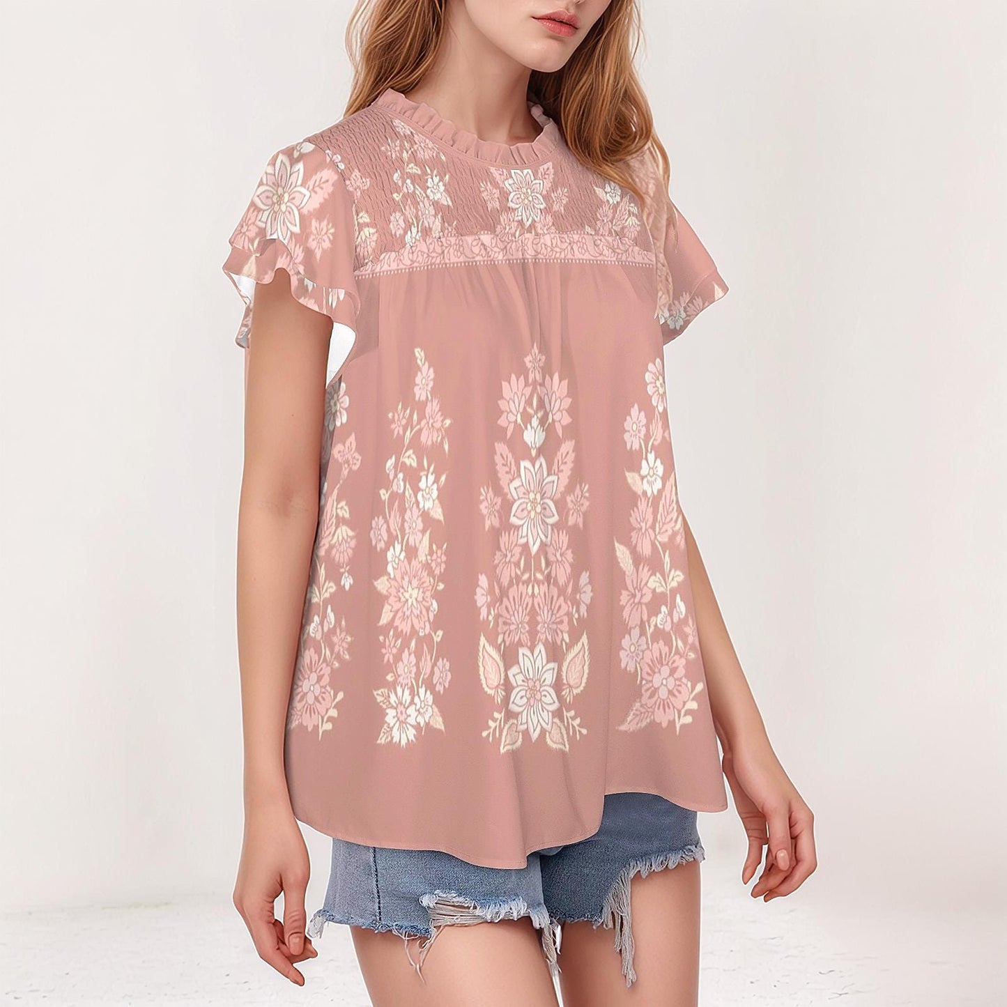 Women's Floral Round Neck Short Ruffle Sleeve Blouse