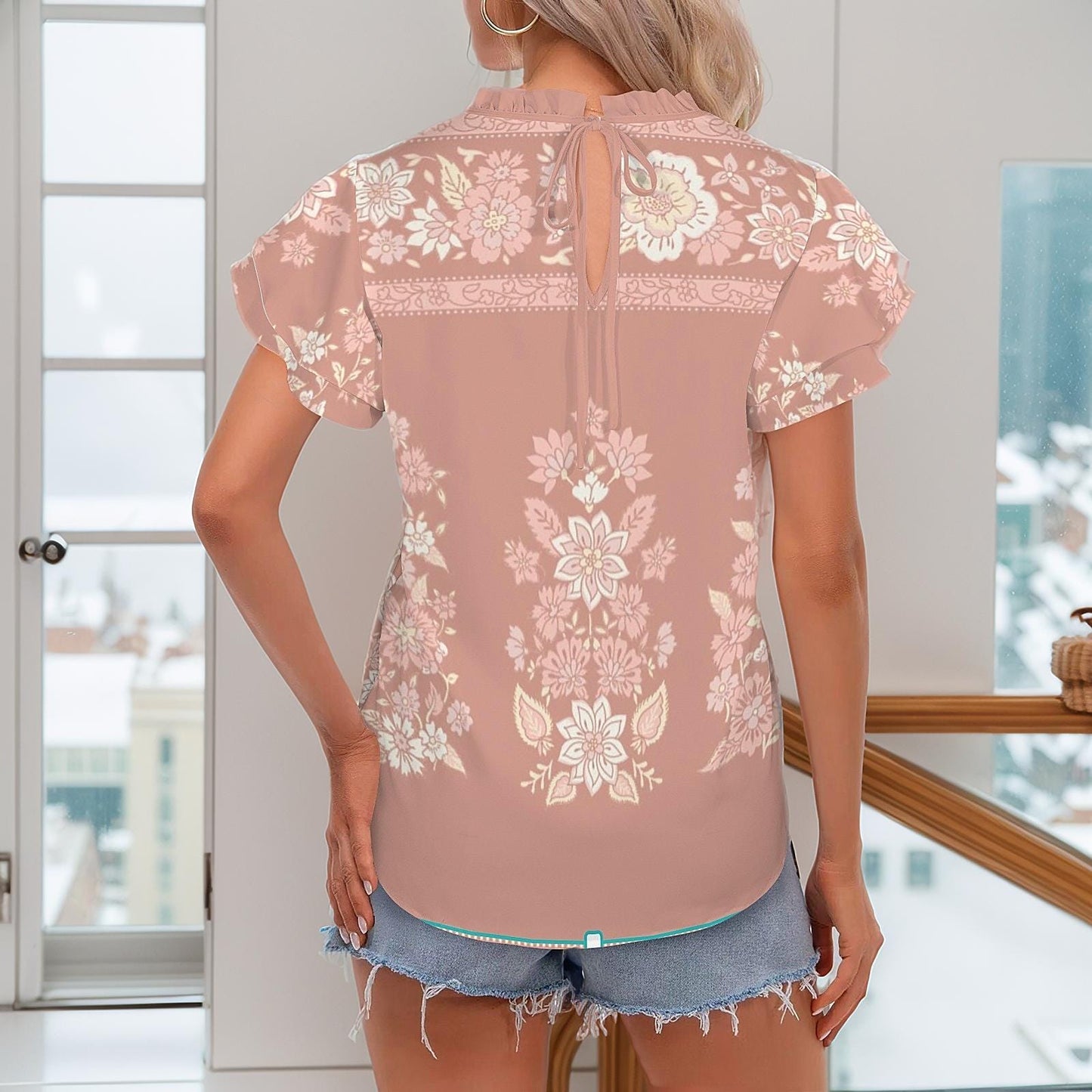 Women's Floral Round Neck Short Ruffle Sleeve Blouse