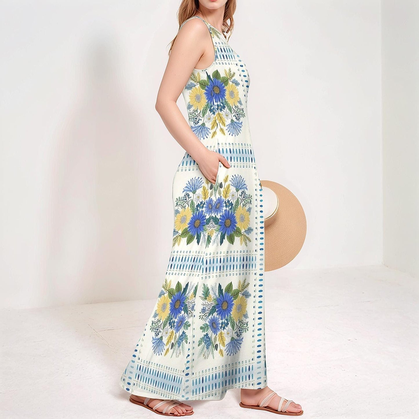 Womens Floral Sleeveless Maxi Dress | Spring Summer Fashion | Elegant Floral Print | Perfect for Warm Days