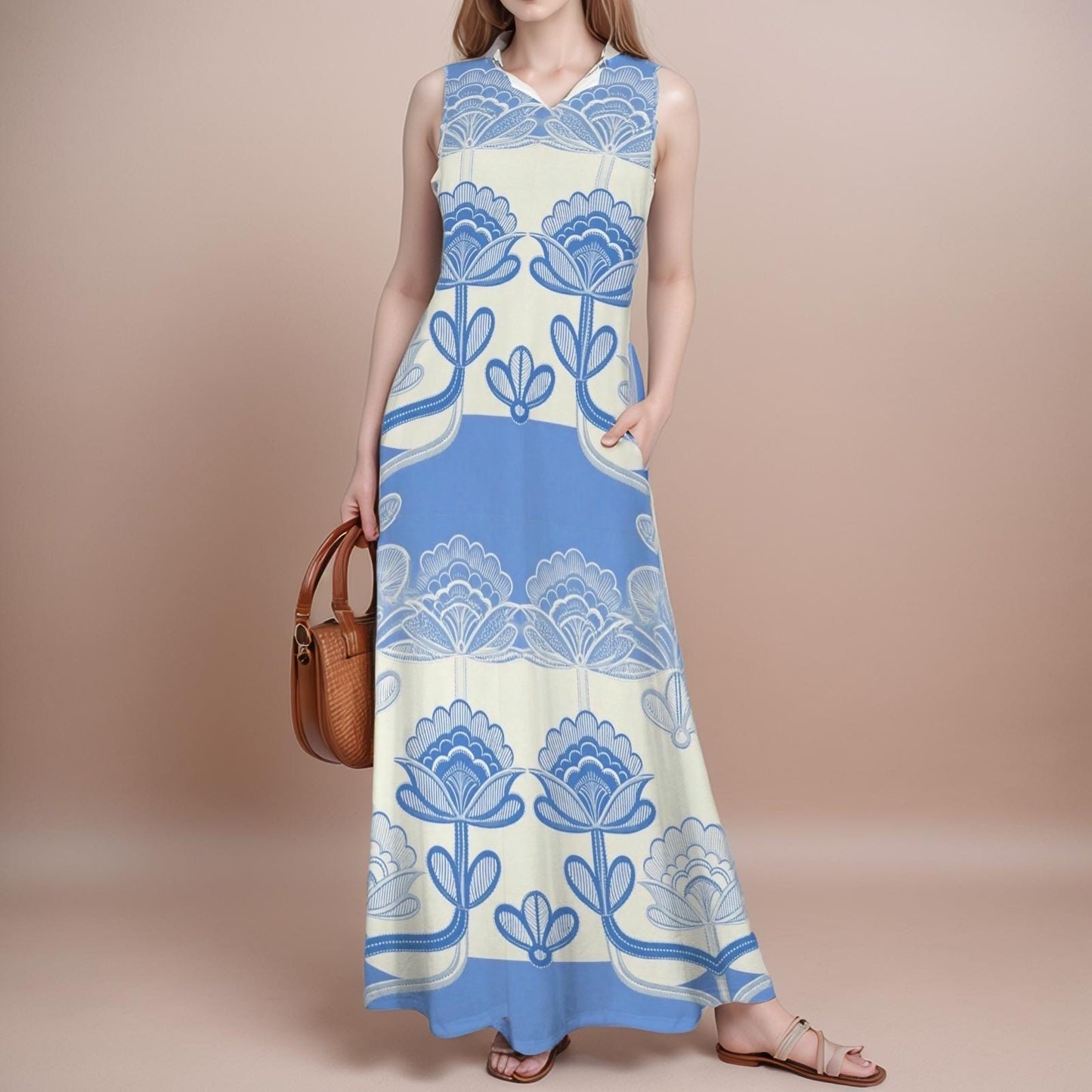 Women's Floral V-Neck Maxi Dress | Blue and White Floral Dress | Summer Spring Dress | Comfortable Casual Maxi Dress for Women