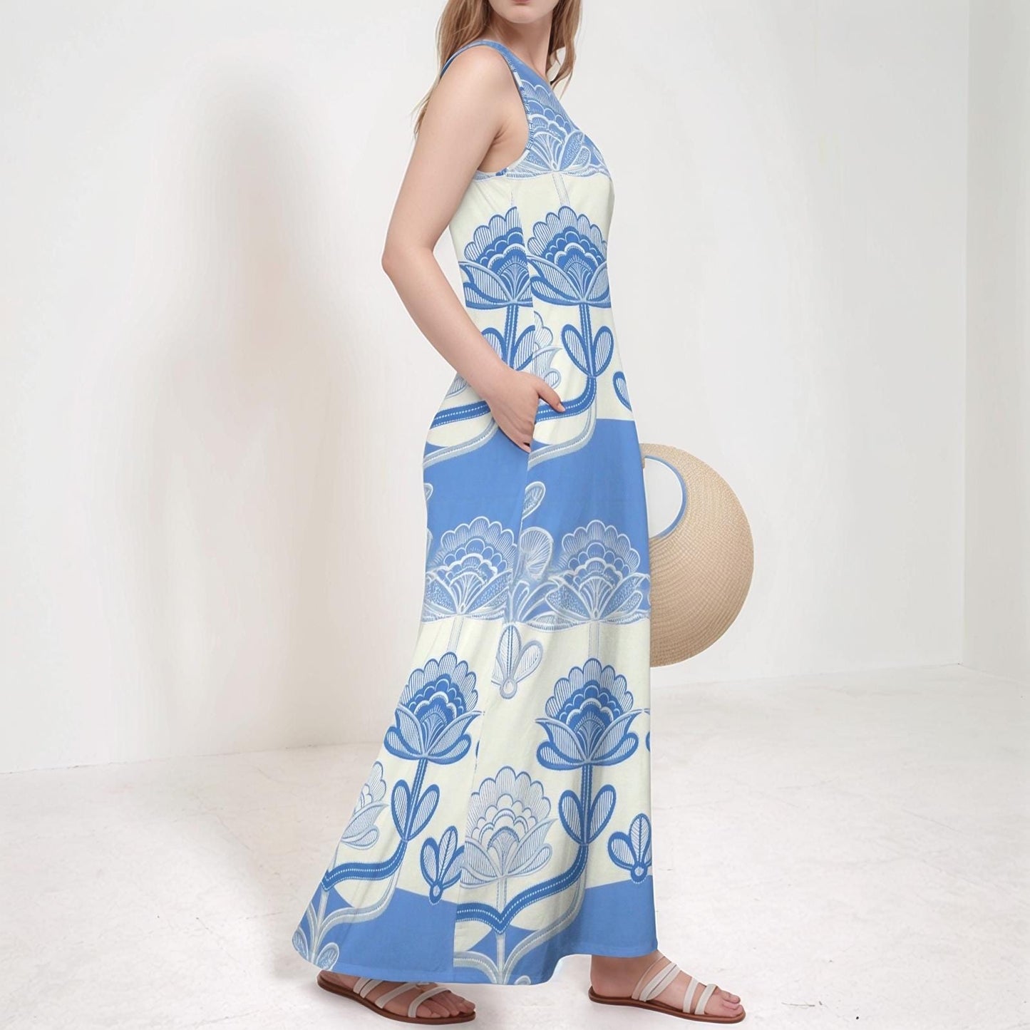 Women's Floral V-Neck Maxi Dress | Blue and White Floral Dress | Summer Spring Dress | Comfortable Casual Maxi Dress for Women