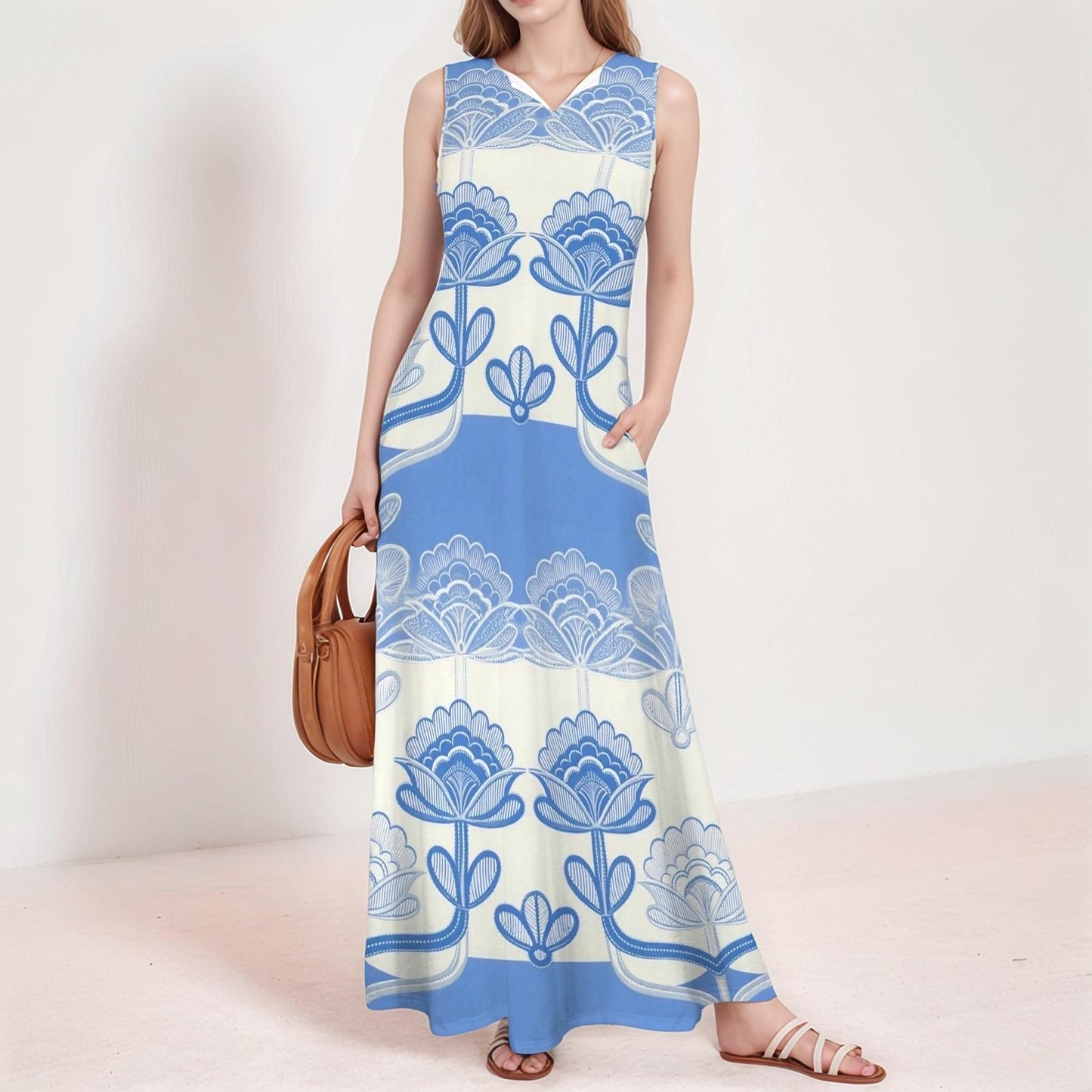 Women's Floral V-Neck Maxi Dress | Blue and White Floral Dress | Summer Spring Dress | Comfortable Casual Maxi Dress for Women