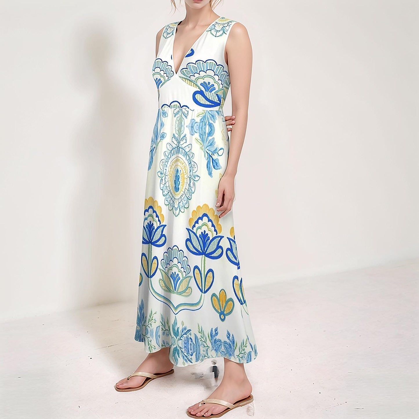 Women's Floral V-Neck Maxi Dress | Blue and Yellow Floral Print | Sleeveless Summer Dress | Comfortable and Stylish for Warm Weather