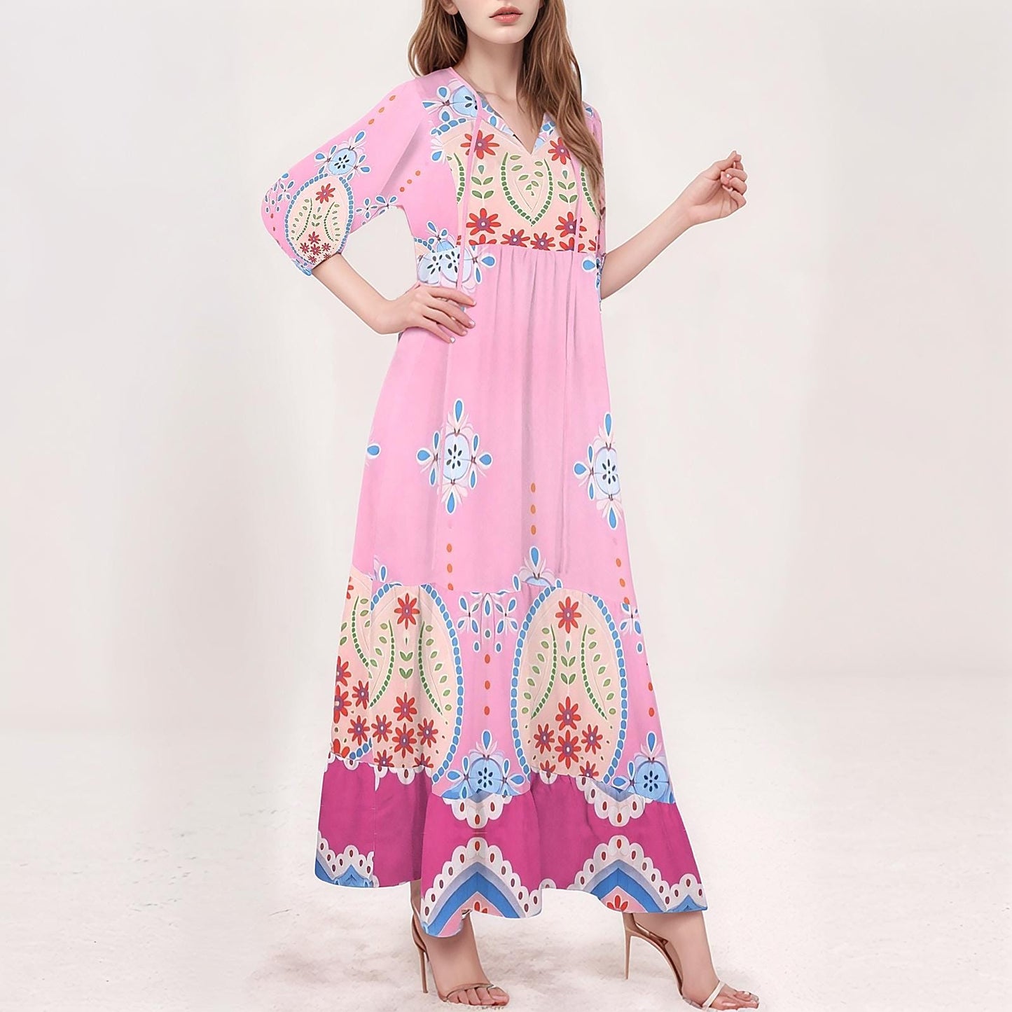 Women's Floral V-Neck Maxi Dress | Pink Boho Print Dress | Long Sleeve Casual Dress | Comfortable and Stylish for Spring Summer