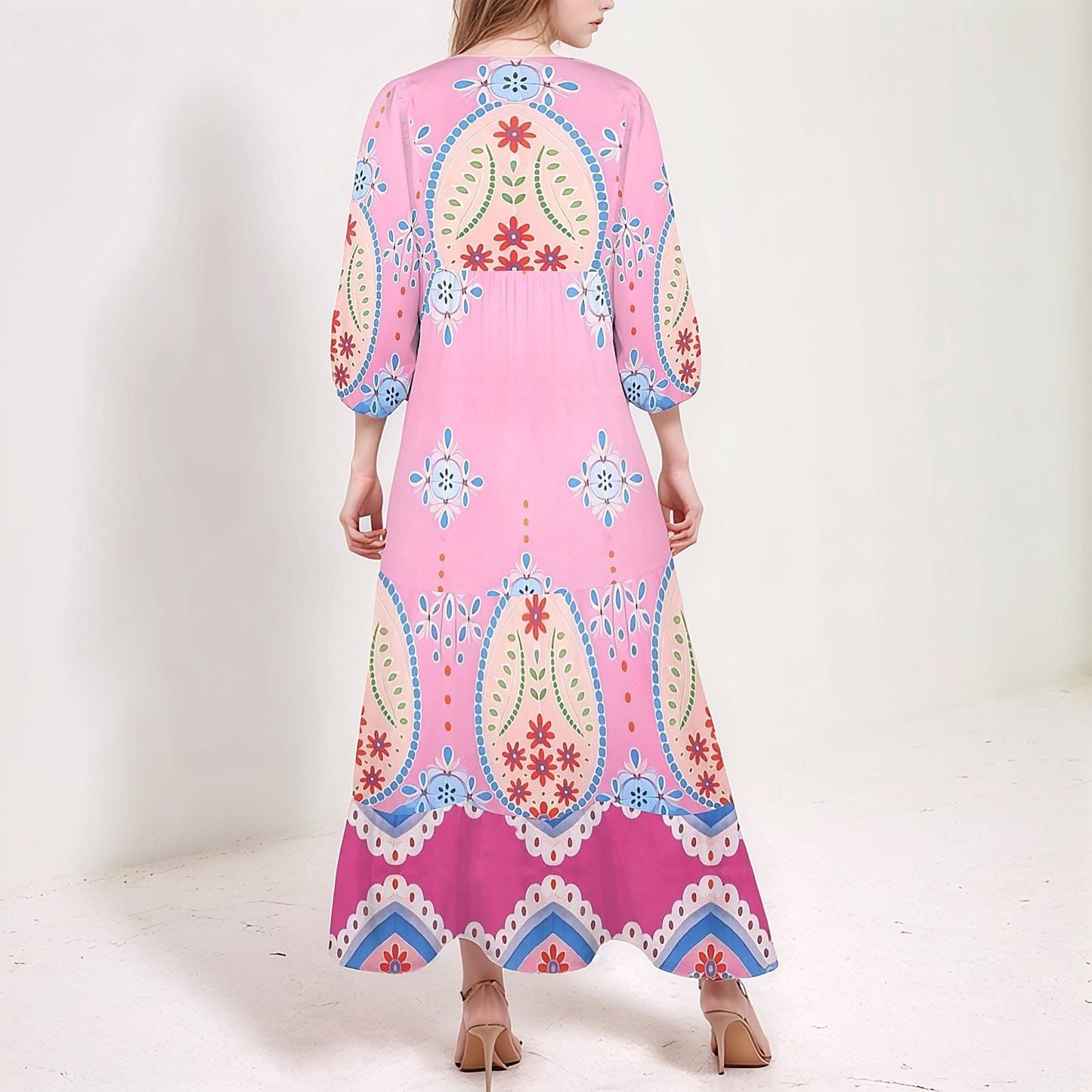 Women's Floral V-Neck Maxi Dress | Pink Boho Print Dress | Long Sleeve Casual Dress | Comfortable and Stylish for Spring Summer