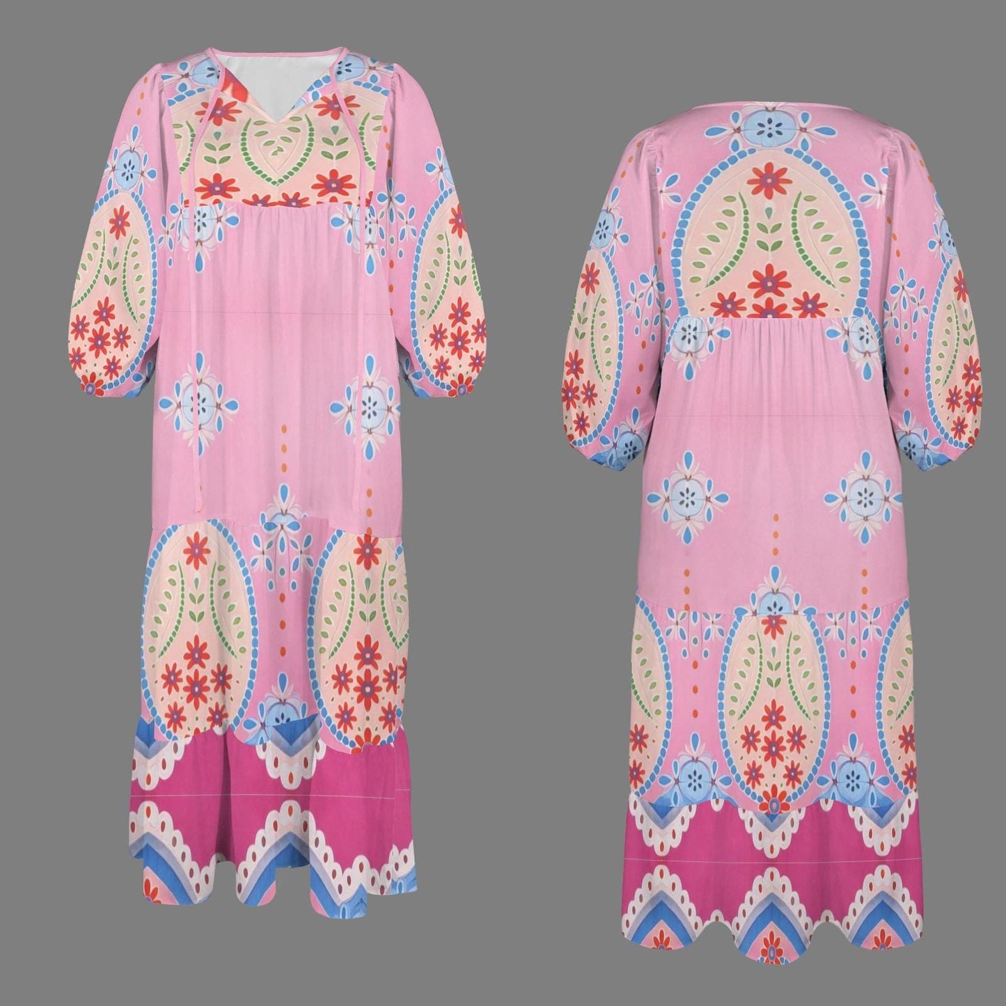 Women's Floral V-Neck Maxi Dress | Pink Boho Print Dress | Long Sleeve Casual Dress | Comfortable and Stylish for Spring Summer