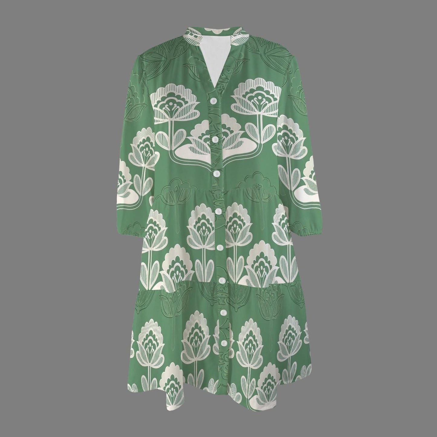 Women's Floral Button-Down Dress | Green Floral Print Dress | Casual 3/4 Sleeve Dress | Comfortable and Stylish for Spring Summer