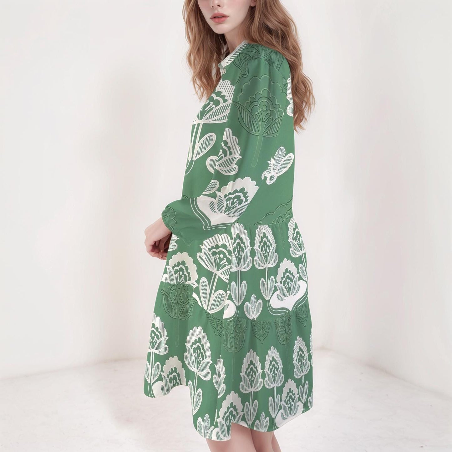 Women's Floral Button-Down Dress | Green Floral Print Dress | Casual 3/4 Sleeve Dress | Comfortable and Stylish for Spring Summer