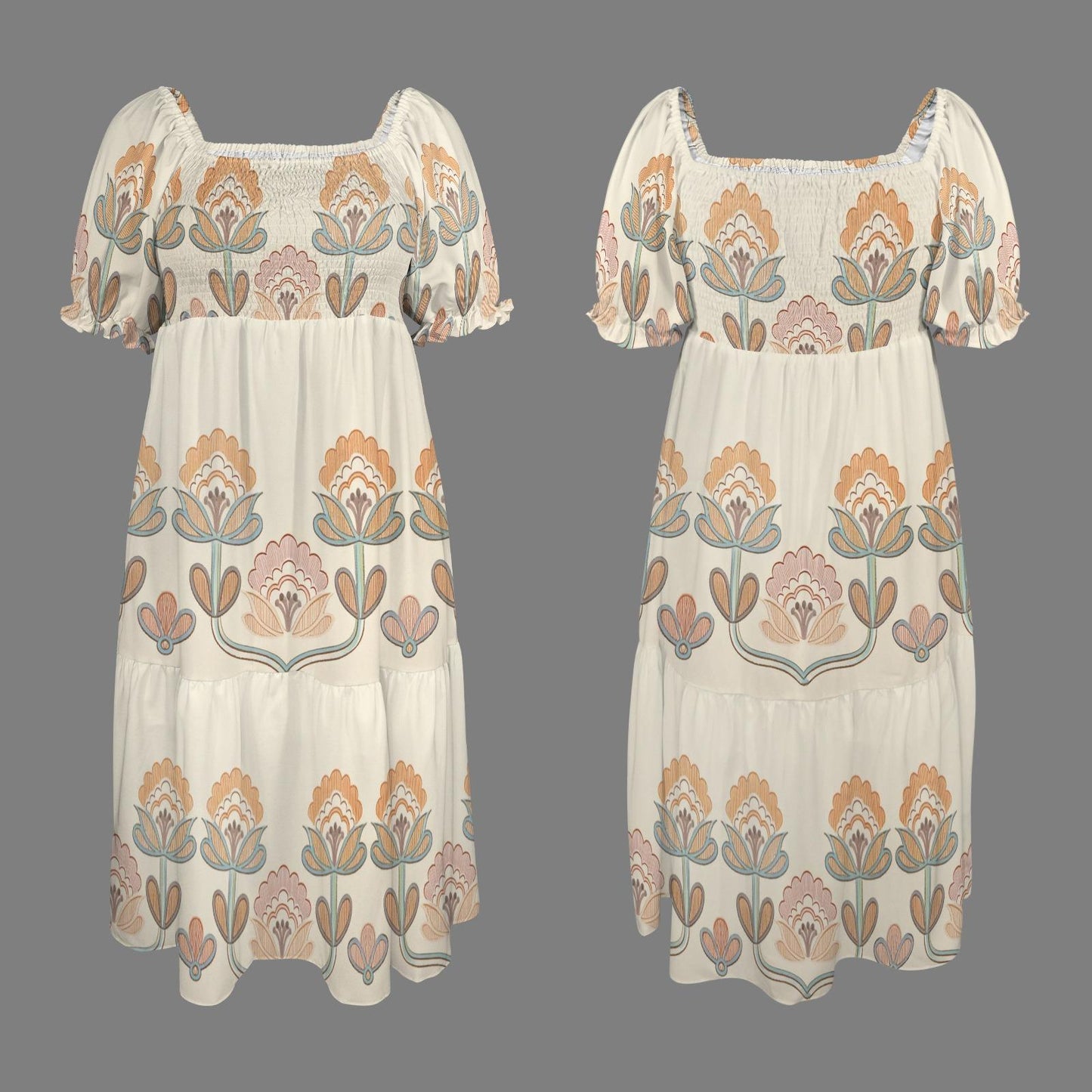 Women's Floral Puff Sleeve Dress | Square Neckline Midi Dress | Casual Boho Dress | Comfortable and Stylish for Spring Summer