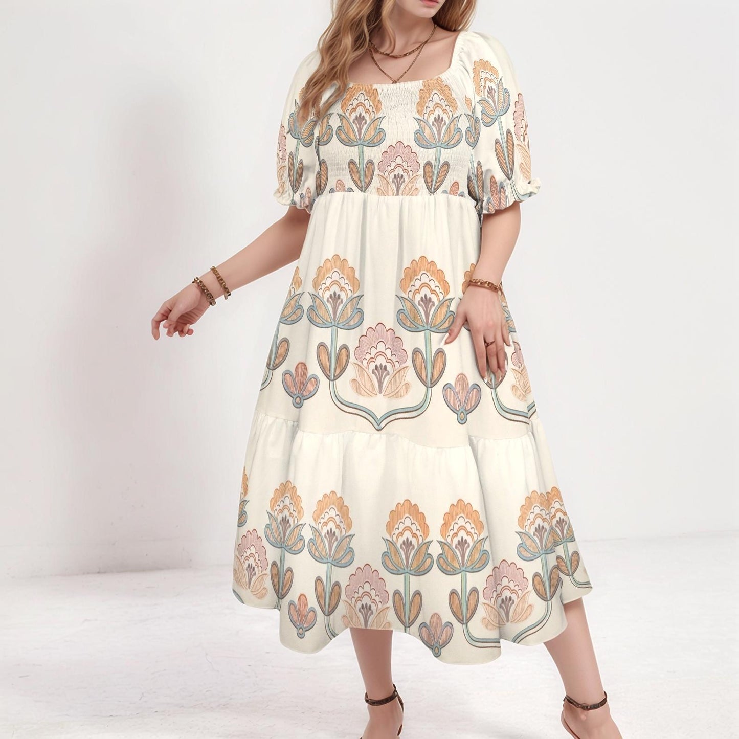 Women's Floral Puff Sleeve Dress | Square Neckline Midi Dress | Casual Boho Dress | Comfortable and Stylish for Spring Summer