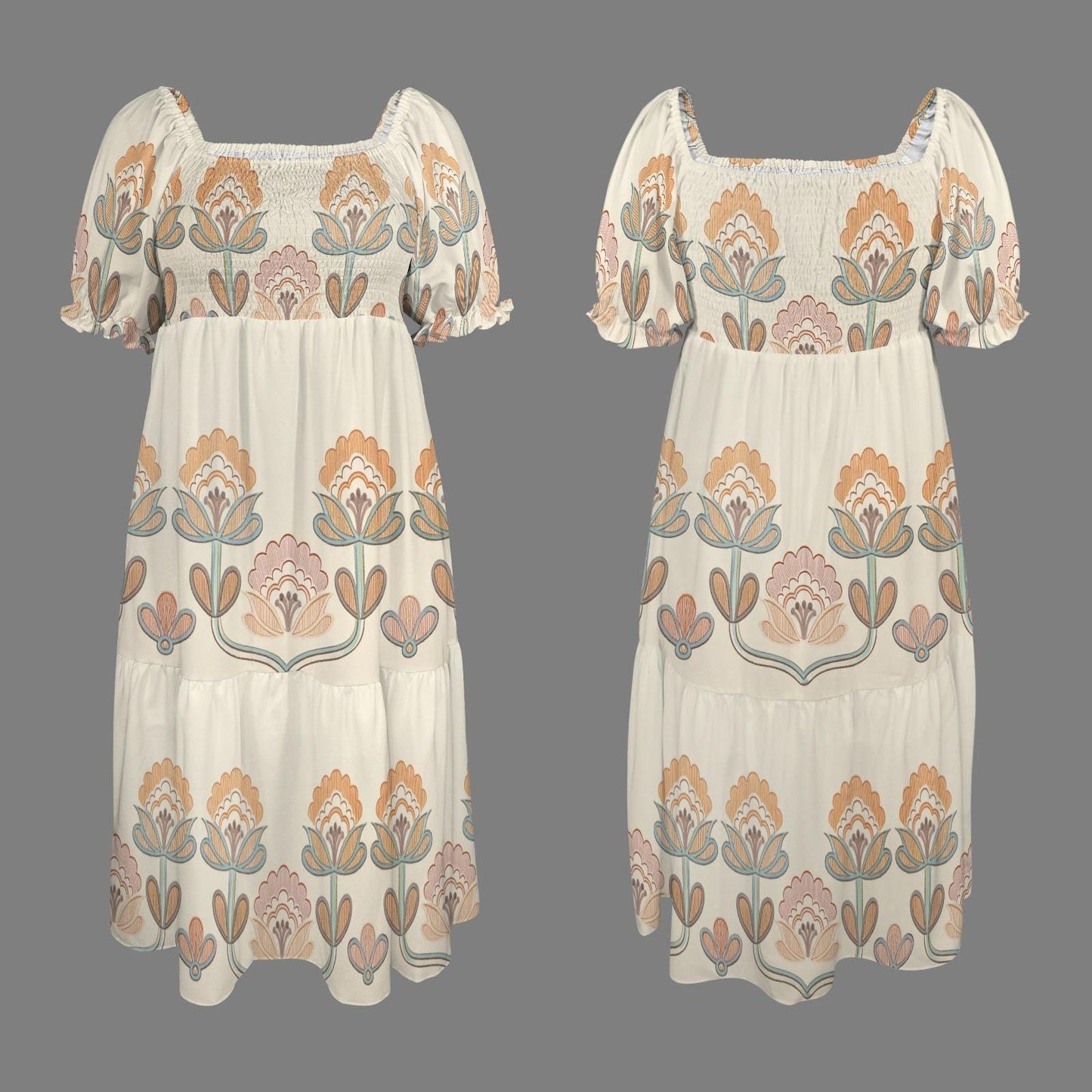 Women's Floral Puff Sleeve Dress | Square Neckline Midi Dress | Casual Boho Dress | Comfortable and Stylish for Spring Summer