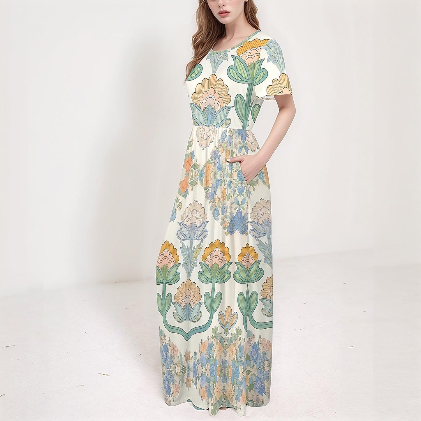 Women's Floral Short Sleeve Maxi Dress | Casual Floral Print Dress | Comfortable Dress with Pockets | Spring Summer Dress