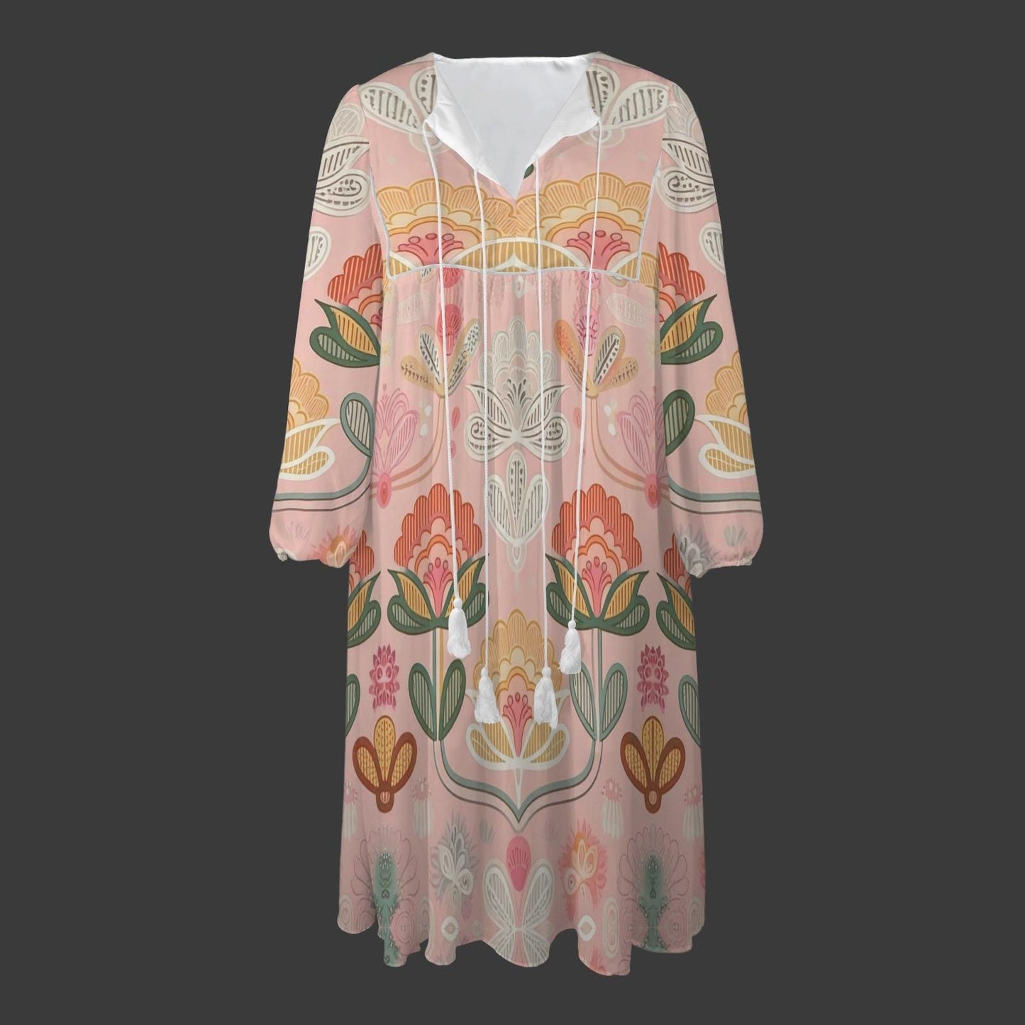 Women's Floral Long Sleeve Dress | Boho Pink Maxi Dress | Casual V-Neck Dress with Tassel Detail | Comfortable and Stylish for Spring
