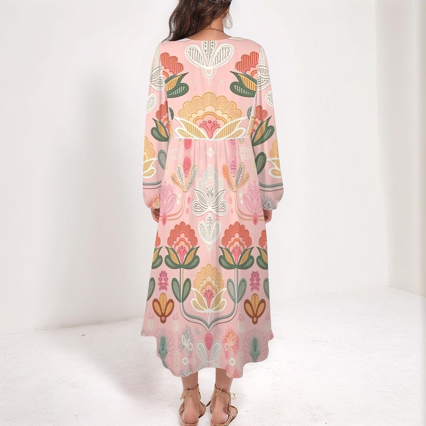 Women's Floral Long Sleeve Dress | Boho Pink Maxi Dress | Casual V-Neck Dress with Tassel Detail | Comfortable and Stylish for Spring