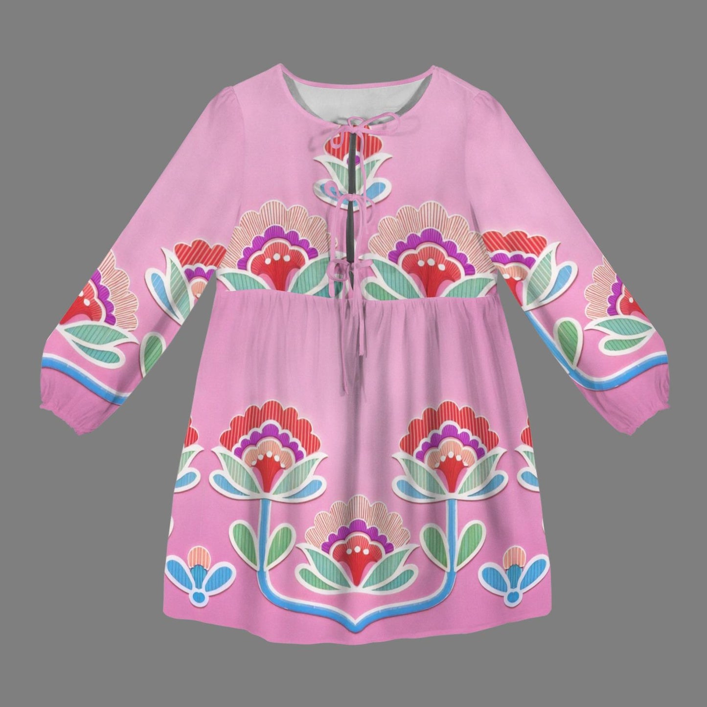 Women's Floral Long Sleeve Dress | Pink Boho Print Dress | Tie Neck Detail | Comfortable Casual Dress for Spring and Summer