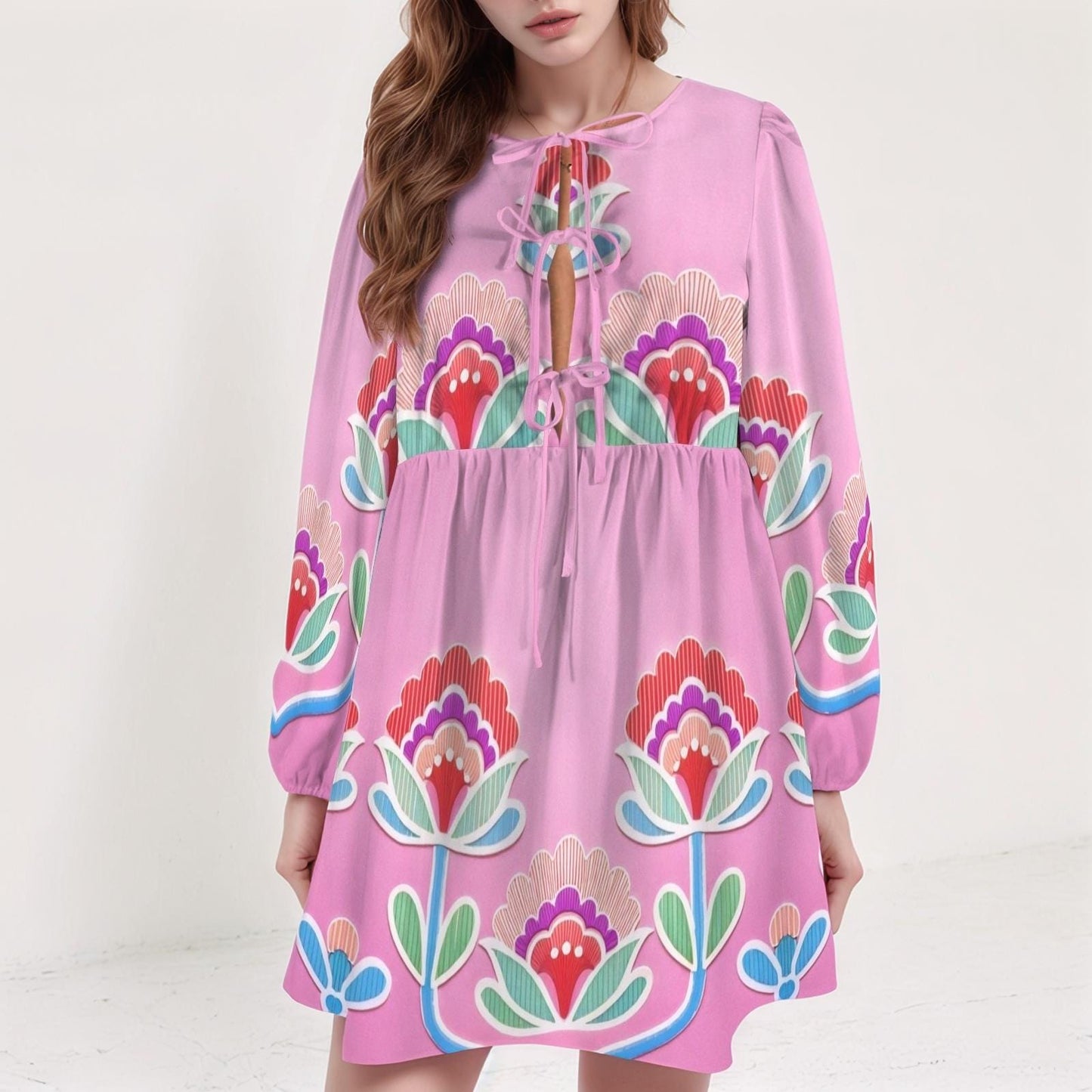 Women's Floral Long Sleeve Dress | Pink Boho Print Dress | Tie Neck Detail | Comfortable Casual Dress for Spring and Summer