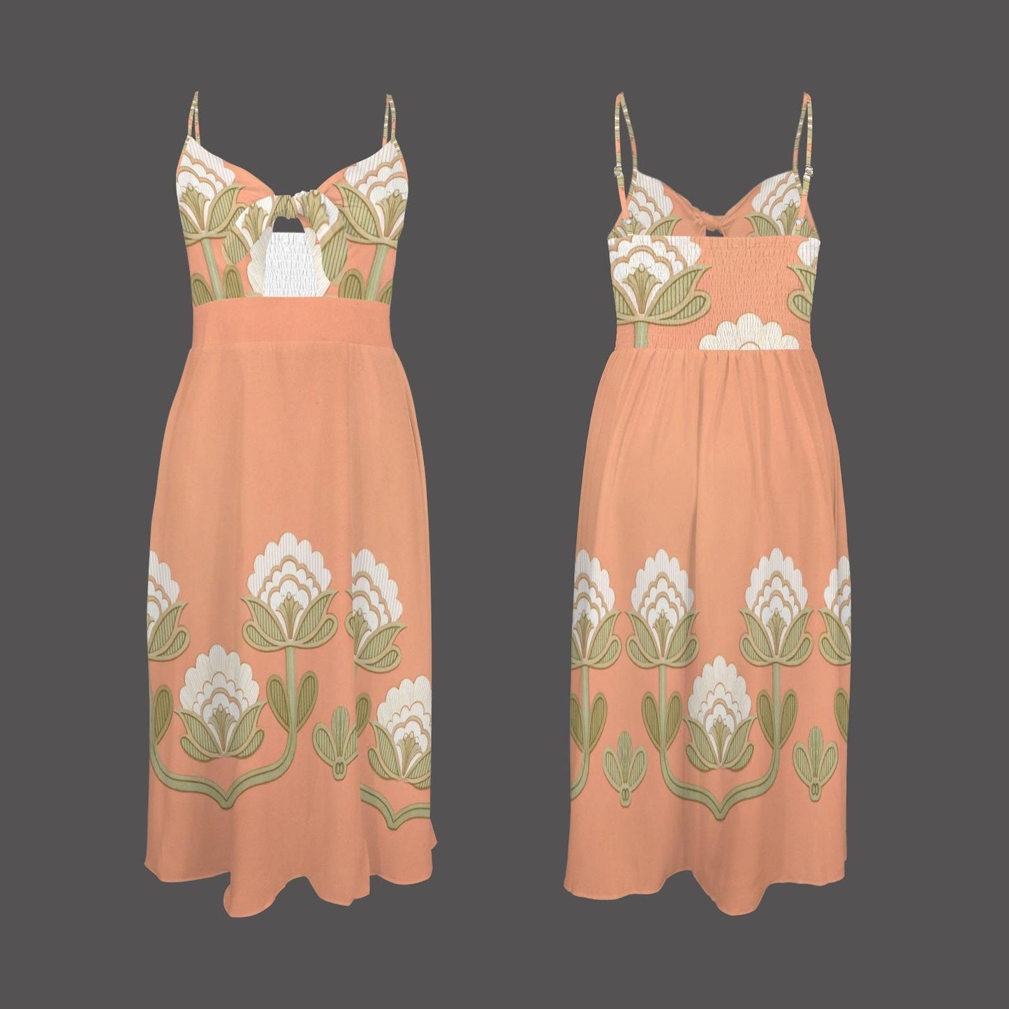 Women's Floral Spaghetti Strap Midi Dress | Peach Floral Print Dress | Casual Summer Dress with Side Slit | Comfortable and Stylish