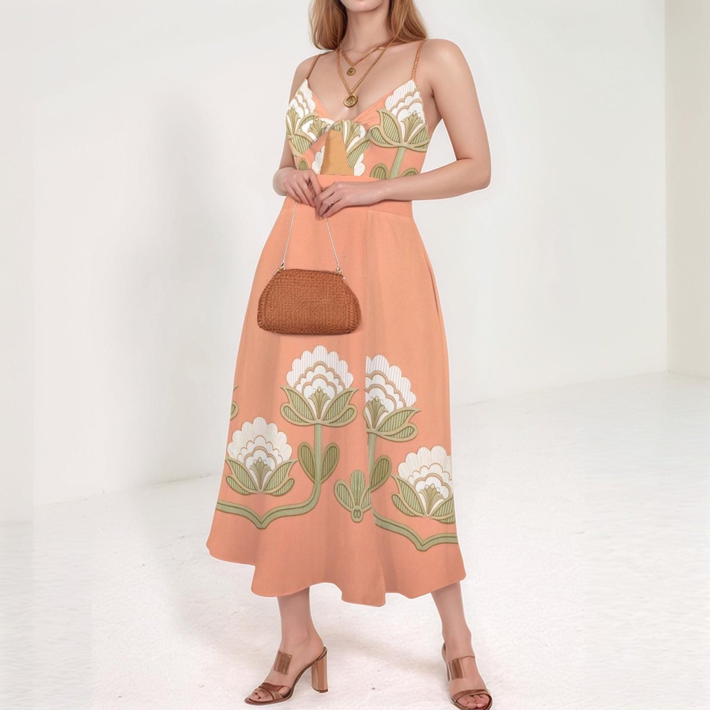 Women's Floral Spaghetti Strap Midi Dress | Peach Floral Print Dress | Casual Summer Dress with Side Slit | Comfortable and Stylish