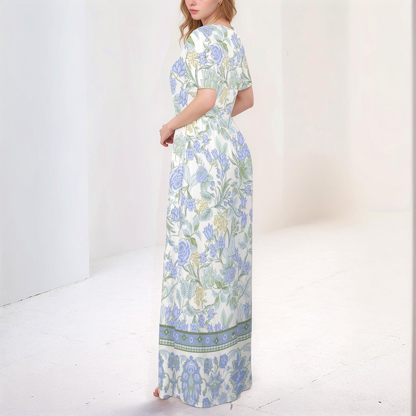 Womens Floral Round Neck Short Sleeve Maxi Dress with Pleated Waist Pockets