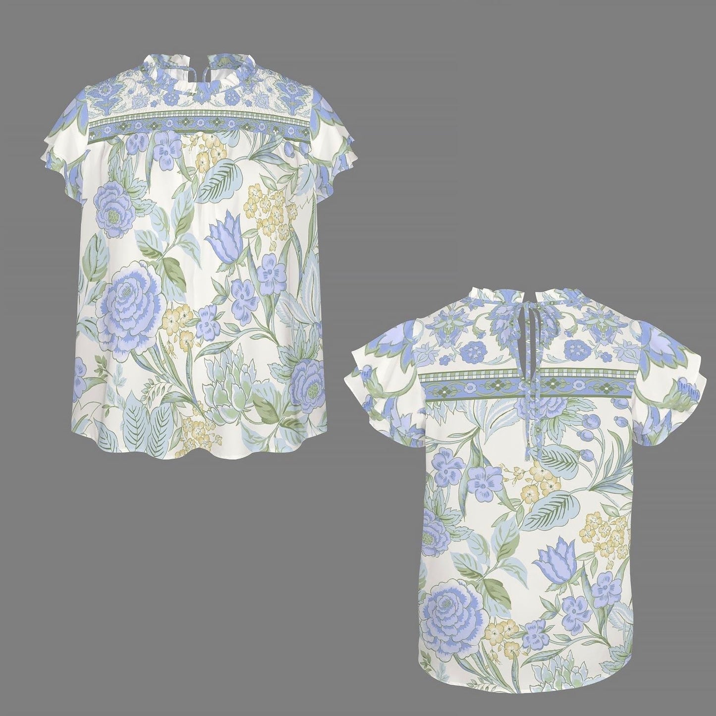 Womens Floral Round Neck Ruffle Sleeve Blouse