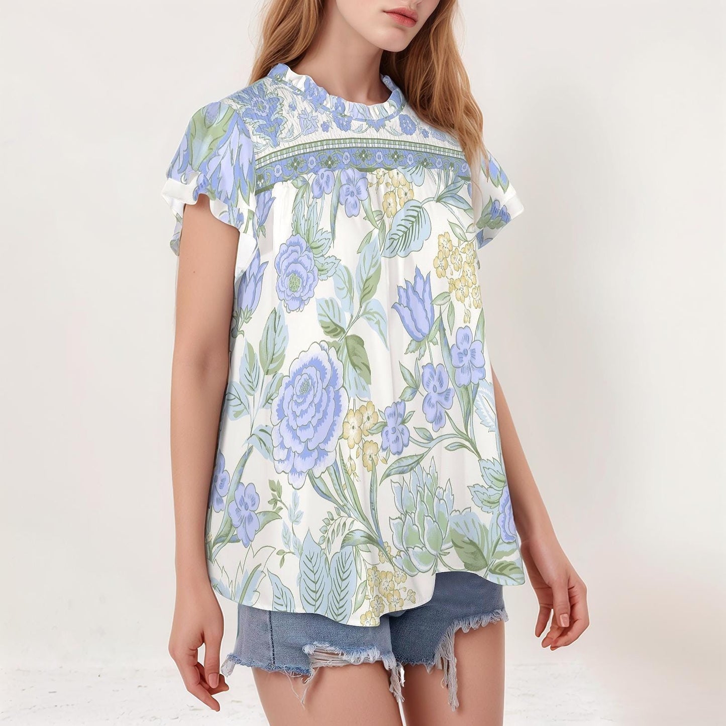 Womens Floral Round Neck Ruffle Sleeve Blouse