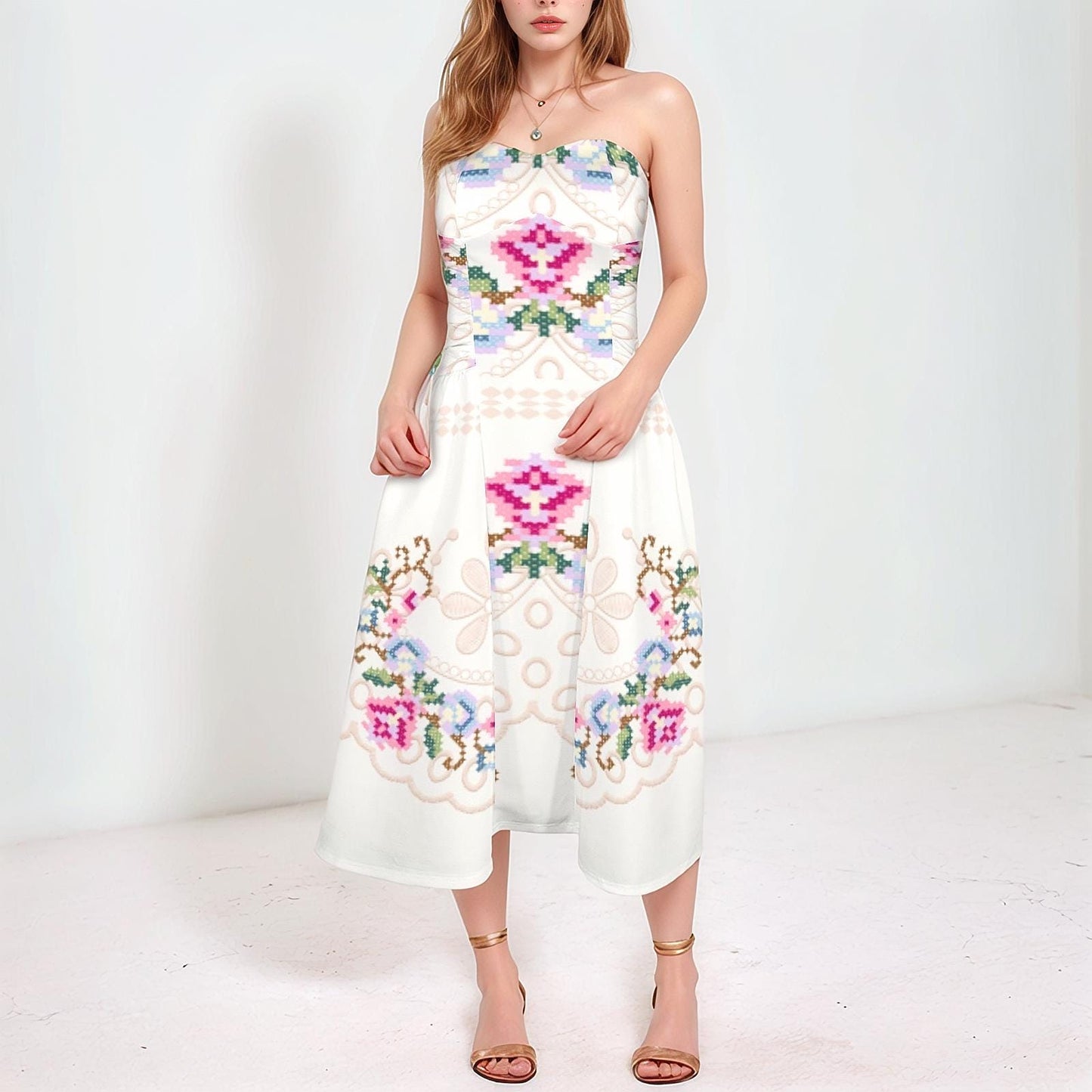 Womens Strapless Floral Midi Dress | Stylish and Feminine | Perfect for Spring and Summer | Chic and Comfortable for Any Occasion