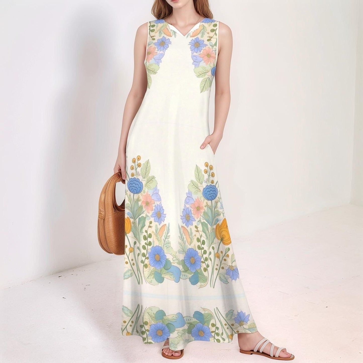 Women's Floral Sleeveless Maxi Dress | Floral Print V-Neck Dress | Summer Boho Dress | Relaxed and Chic for Every Occasion