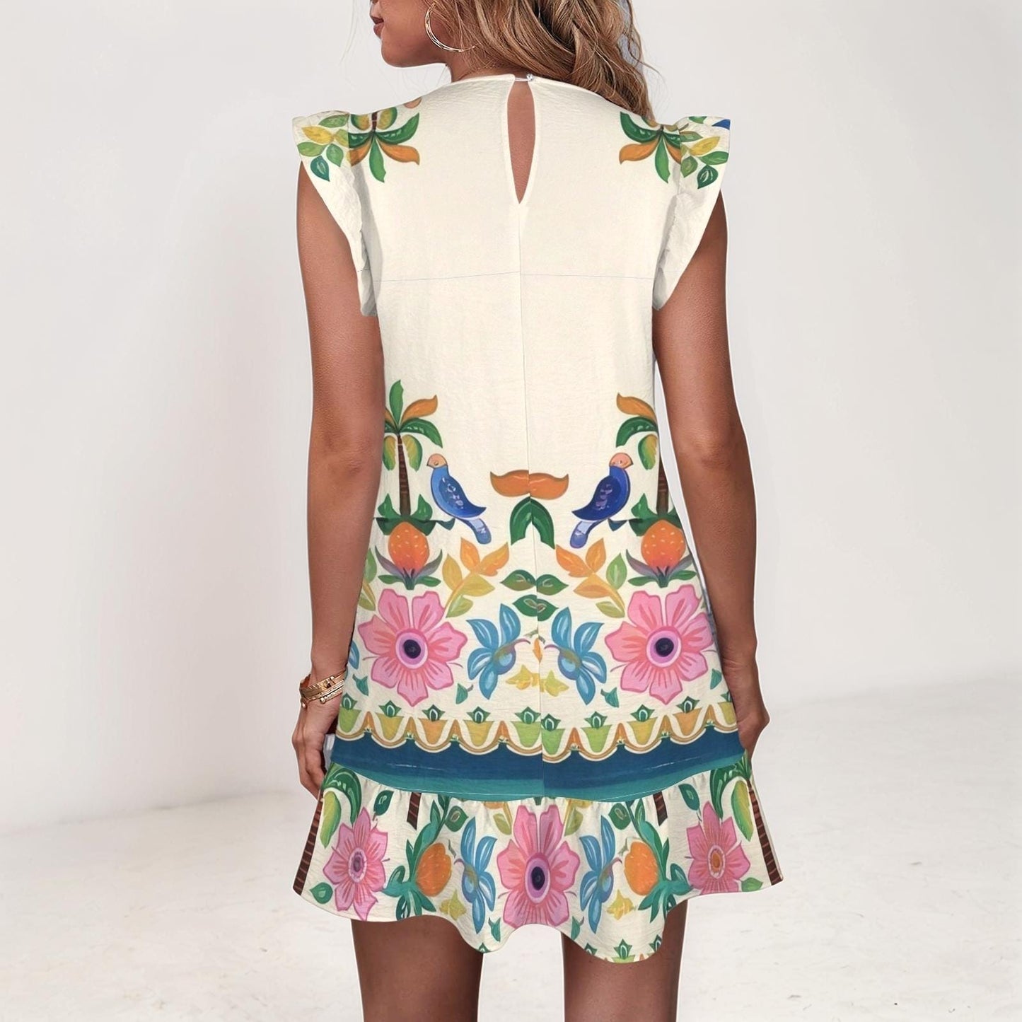 Women's Floral Ruffle Sleeve Dress | Tropical Floral Print Dress | Short Sleeve Dress with Birds and Flowers | Casual Summer Dress