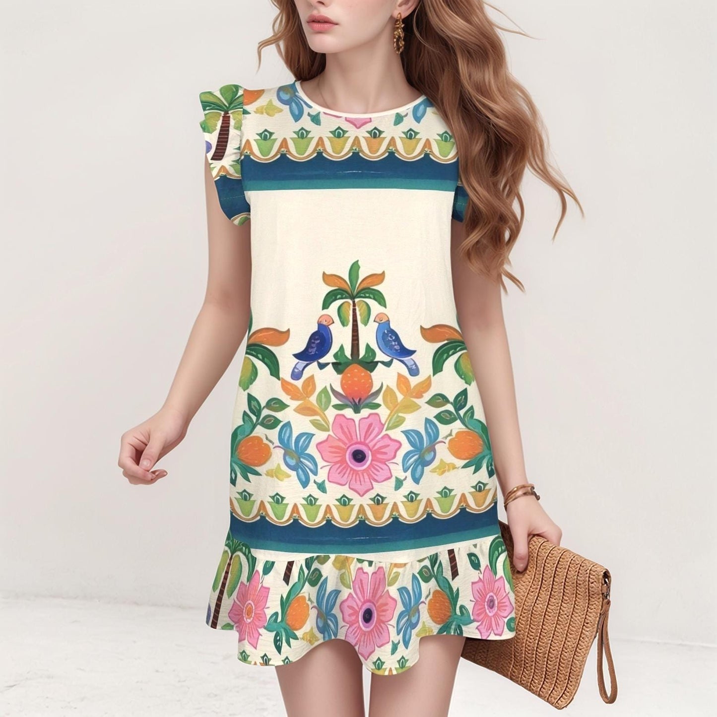 Women's Floral Ruffle Sleeve Dress | Tropical Floral Print Dress | Short Sleeve Dress with Birds and Flowers | Casual Summer Dress
