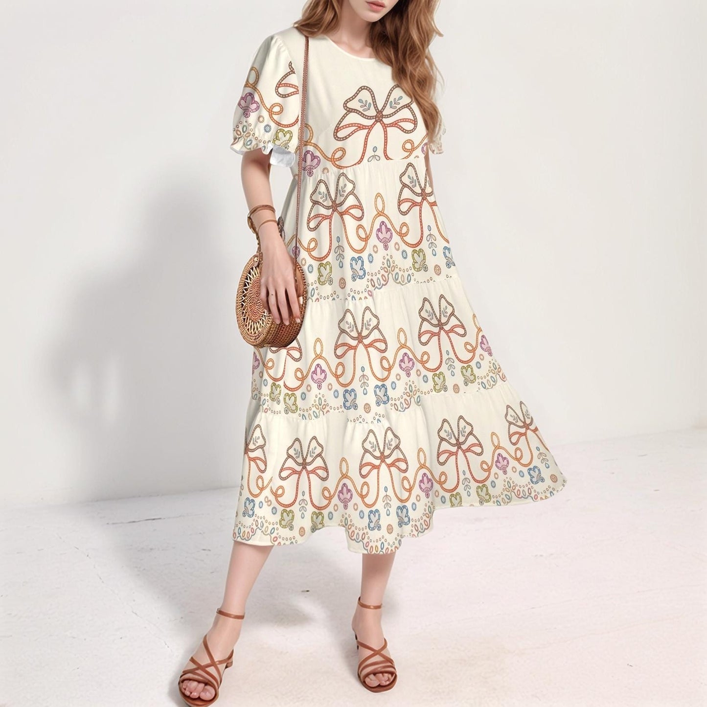 Women's Floral Ruffle Sleeve Dress | Bow Print Maxi Dress | Casual Boho Dress | Comfortable and Stylish for Every Occasion