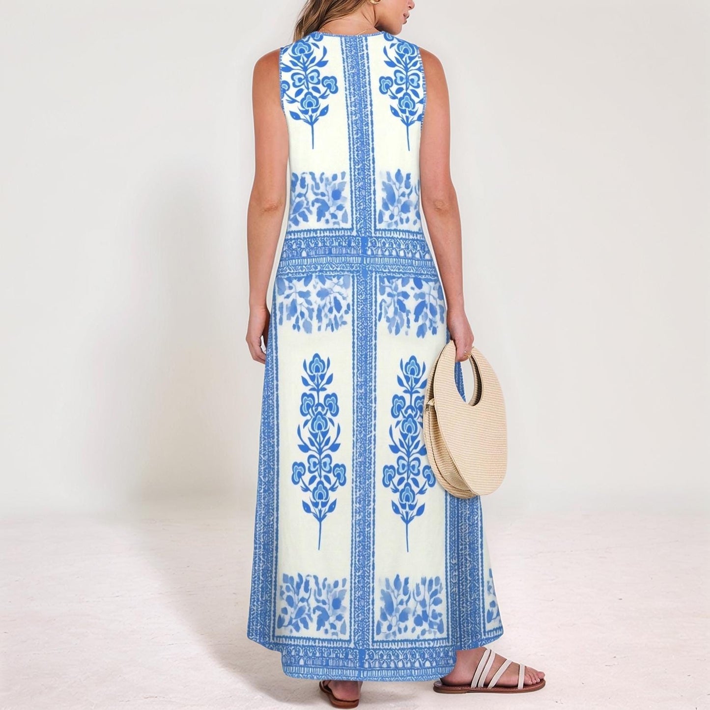 Women's Floral V-Neck Maxi Dress | Blue and White Floral Print | Sleeveless Summer Dress | Casual and Comfortable for Everyday Wear