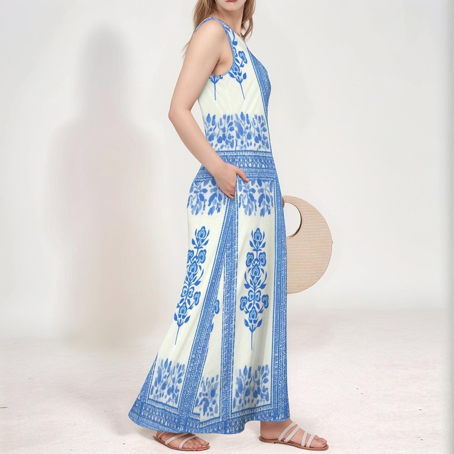 Women's Floral V-Neck Maxi Dress | Blue and White Floral Print | Sleeveless Summer Dress | Casual and Comfortable for Everyday Wear
