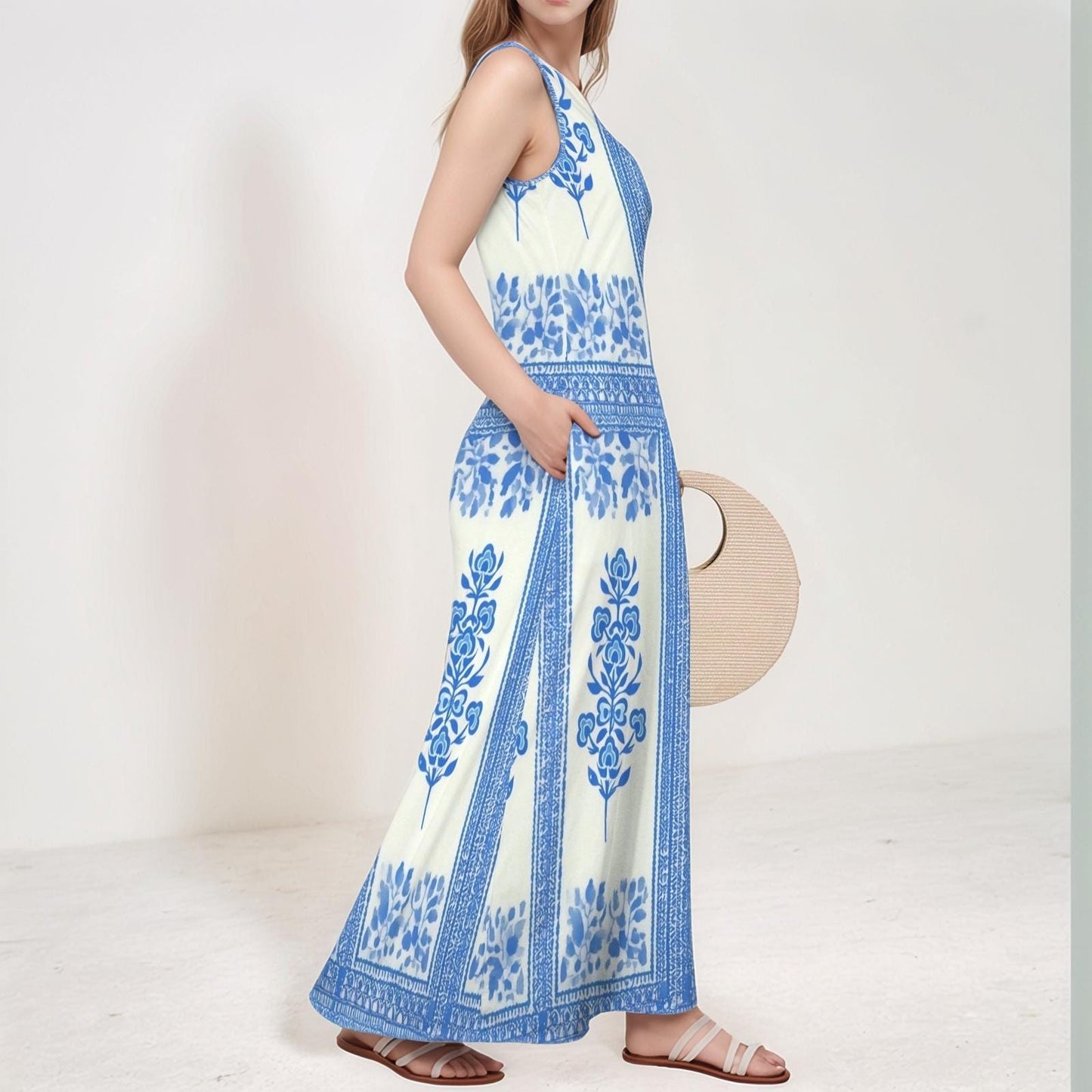 Women's Floral V-Neck Maxi Dress | Blue and White Floral Print | Sleeveless Summer Dress | Casual and Comfortable for Everyday Wear