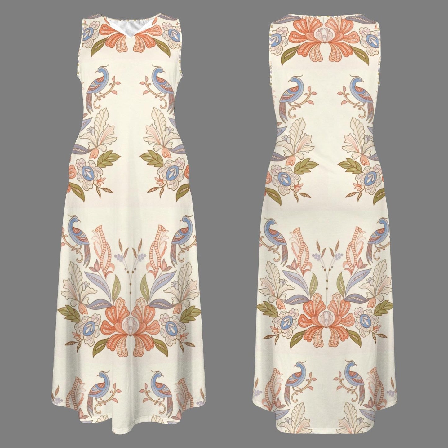 Women's Floral V-Neck Maxi Dress | Boho Bird Print Dress | Sleeveless Summer Dress with Pockets | Elegant and Comfortable