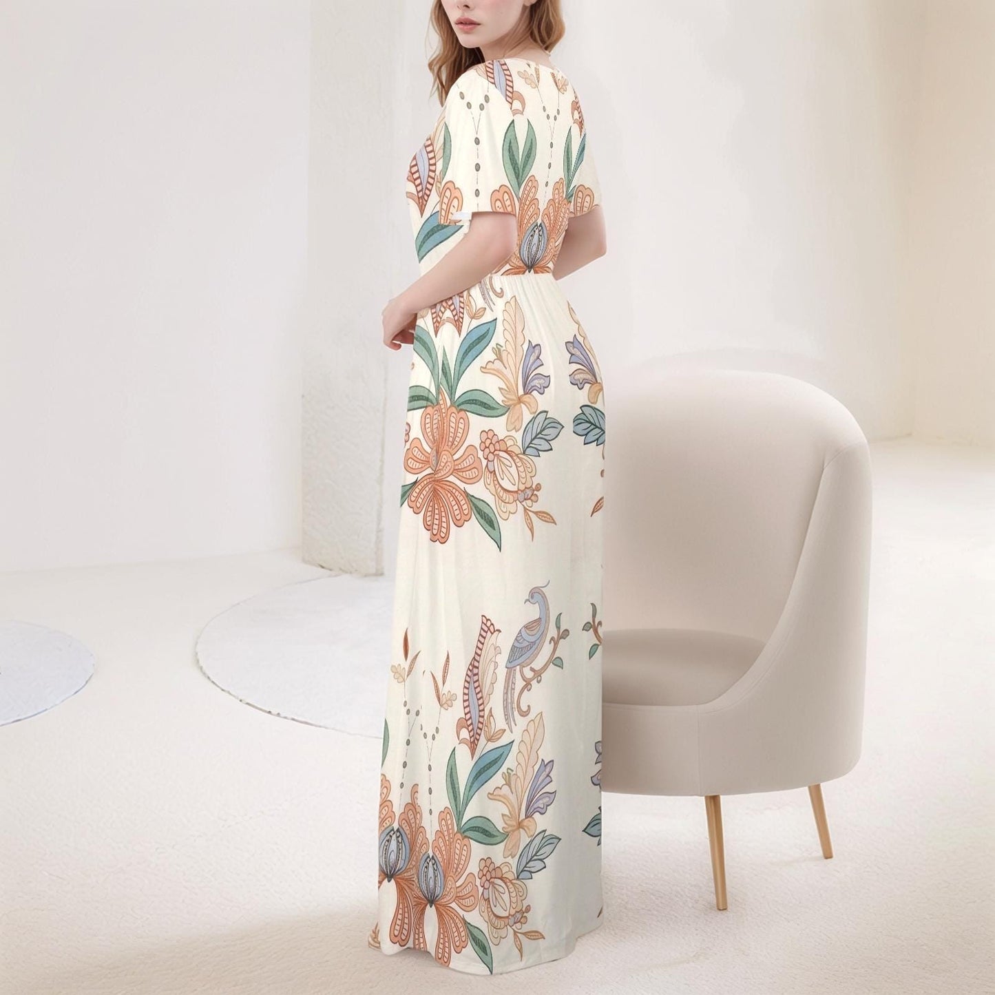 Women's Floral V-Neck Maxi Dress | Boho Bird Print Dress | Sleeveless Summer Dress with Pockets | Elegant and Comfortable