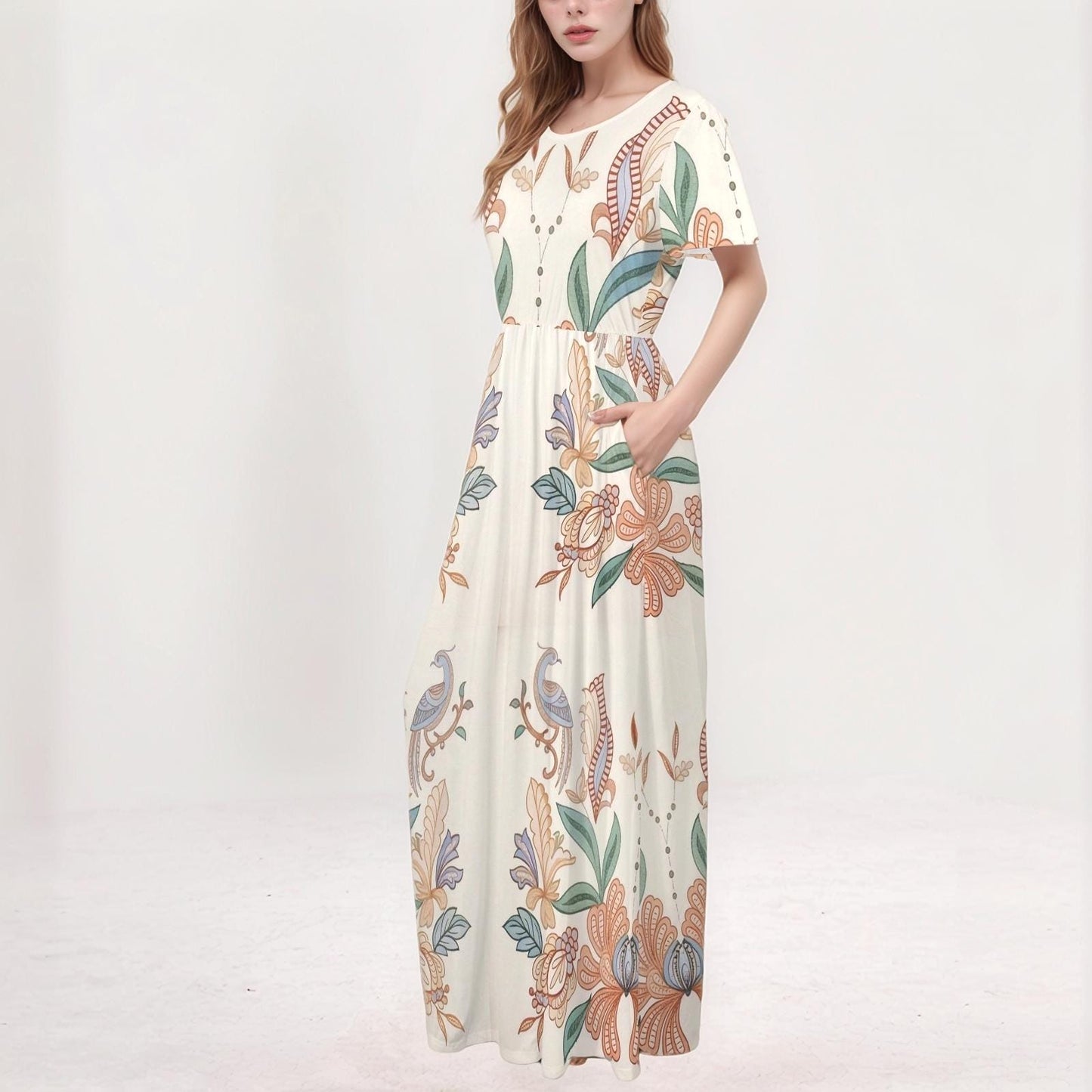 Women's Floral V-Neck Maxi Dress | Boho Bird Print Dress | Sleeveless Summer Dress with Pockets | Elegant and Comfortable