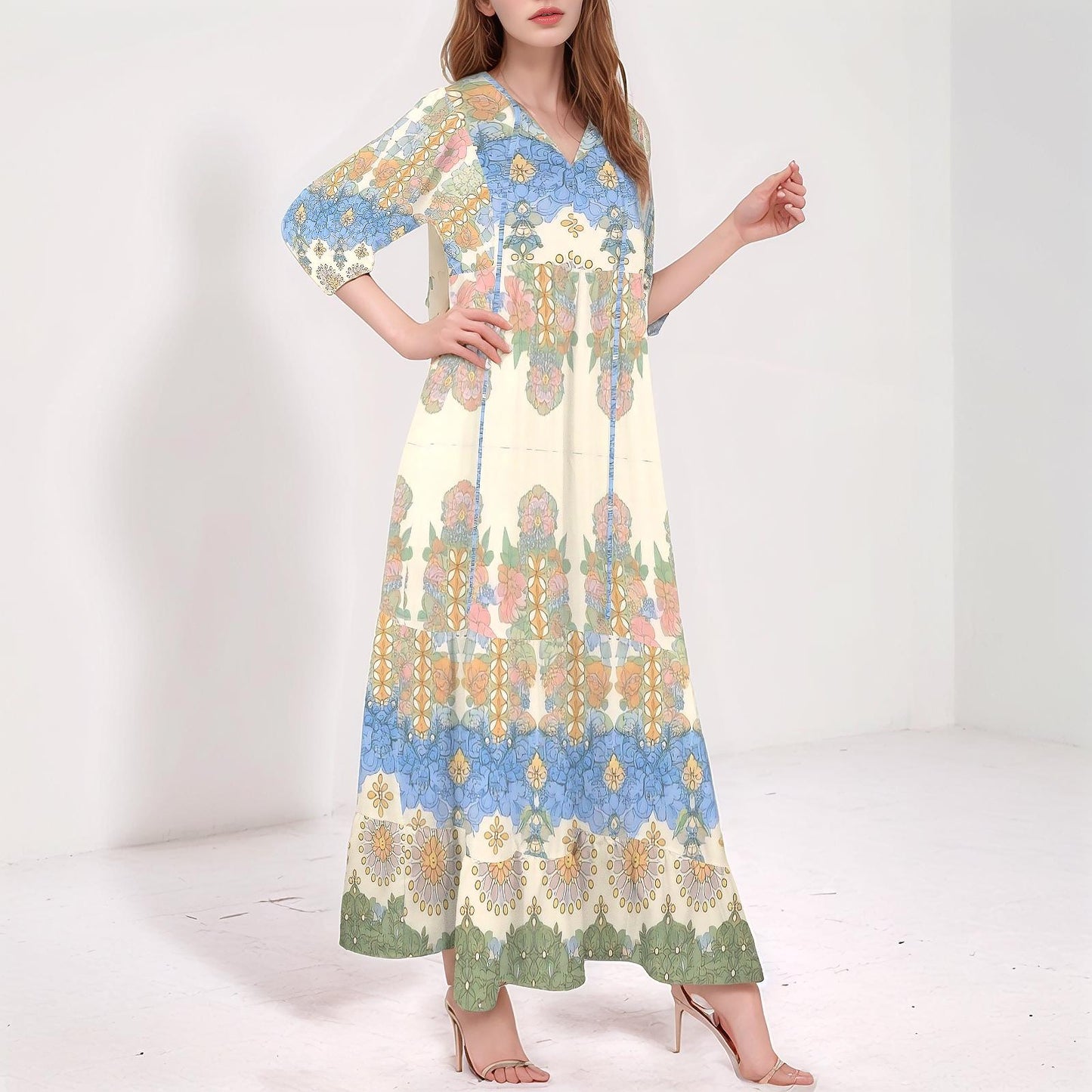 Women's Floral V-Neck Maxi Dress | Vibrant Floral Print | 3/4 Sleeve Maxi Dress | Elegant and Comfortable for Any Occasion