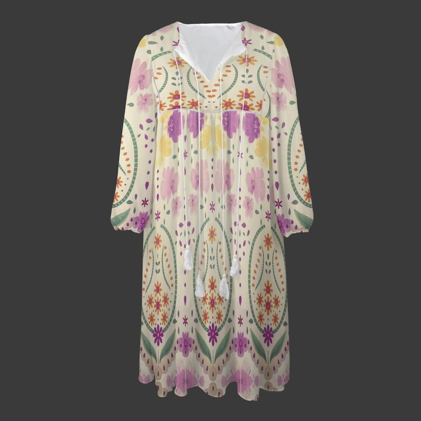 Women's Boho Floral Maxi Dress | V-Neckline with Tassel Detail | Long Sleeve Floral Dress | Elegant Summer Style