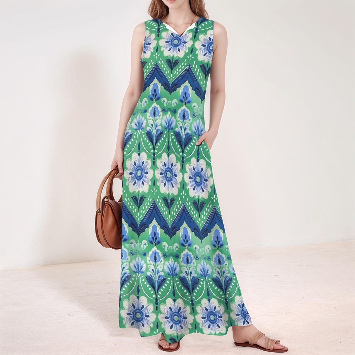 Floral Boho Maxi Dress with Pockets Sleeveless V-Neck Design, Relaxed Fit, Elegant and Comfortable