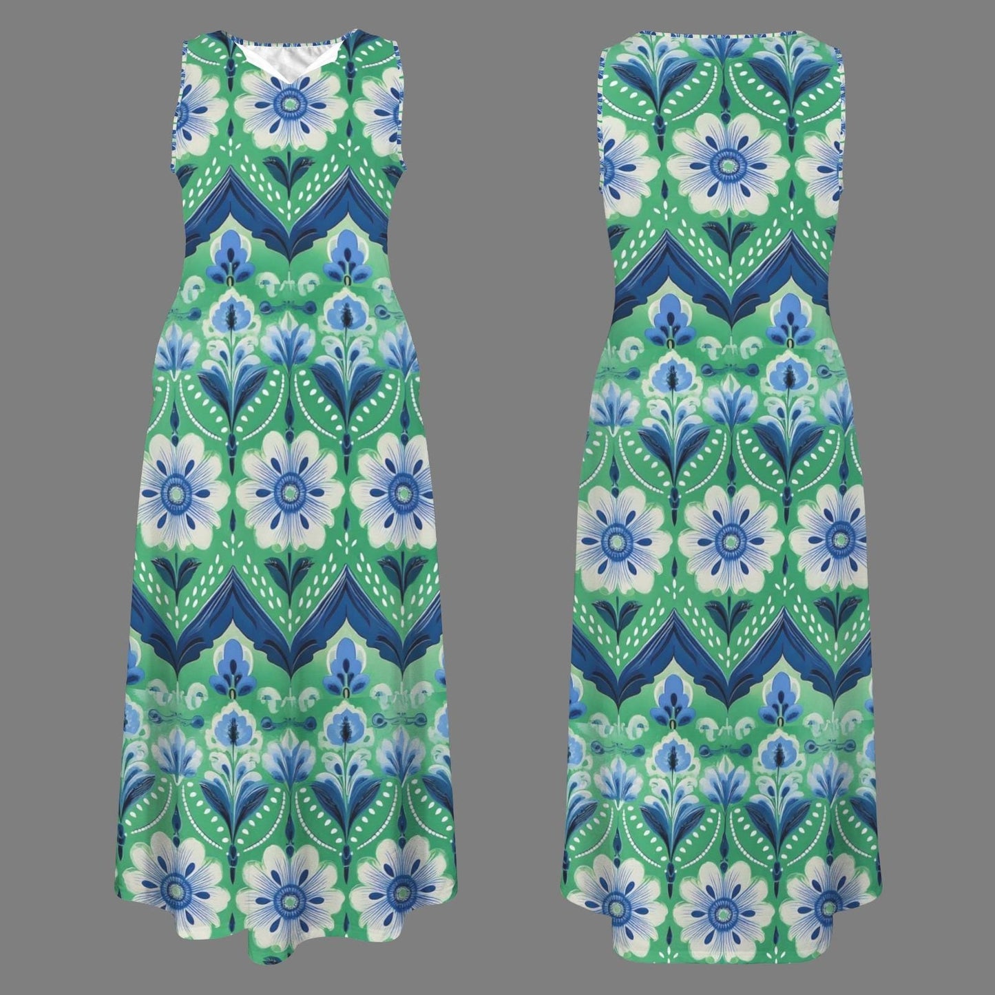 Floral Boho Maxi Dress with Pockets Sleeveless V-Neck Design, Relaxed Fit, Elegant and Comfortable